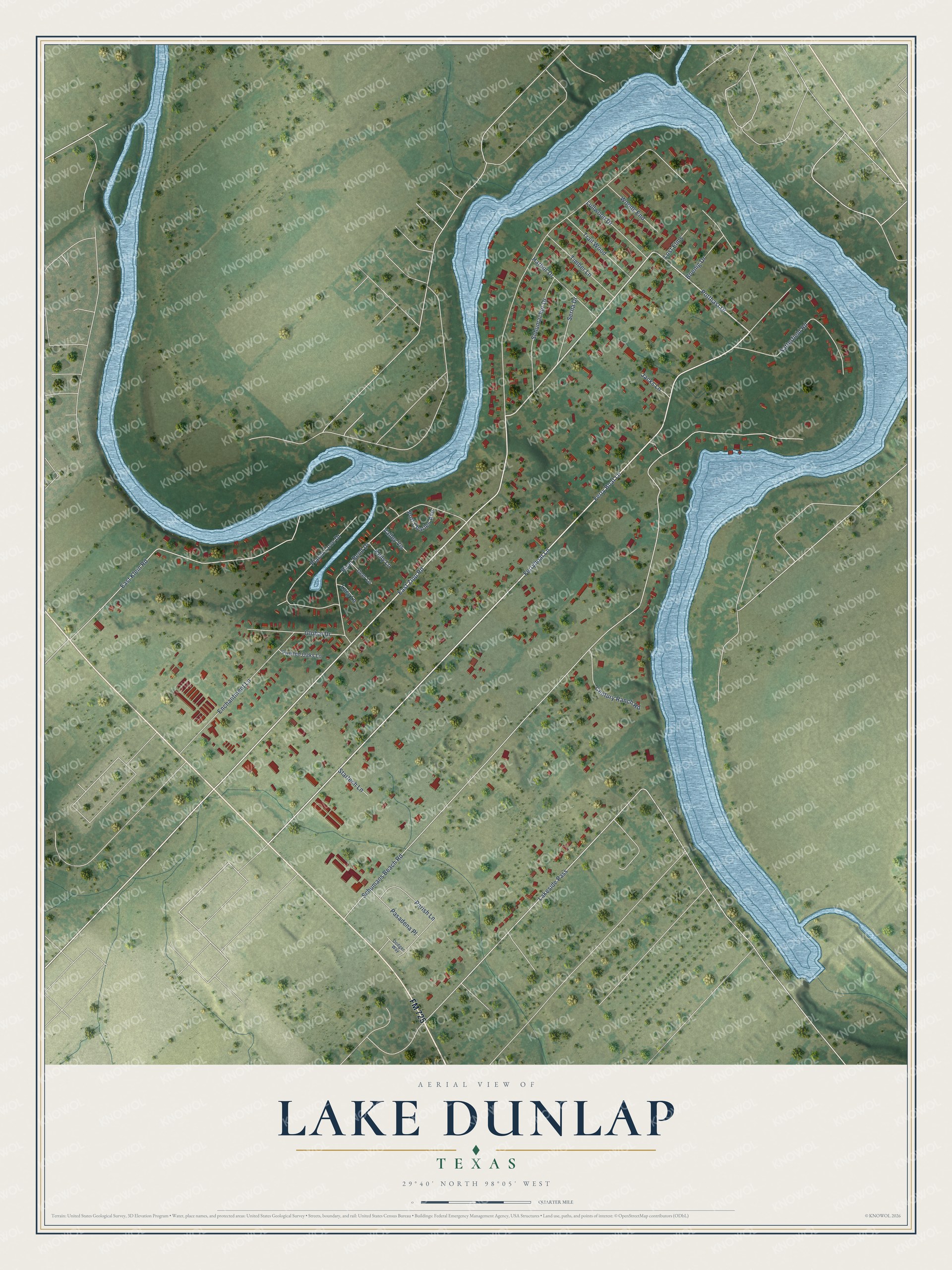 Full map of Lake Dunlap, Texas, with red buildings, printed street names and the land around them