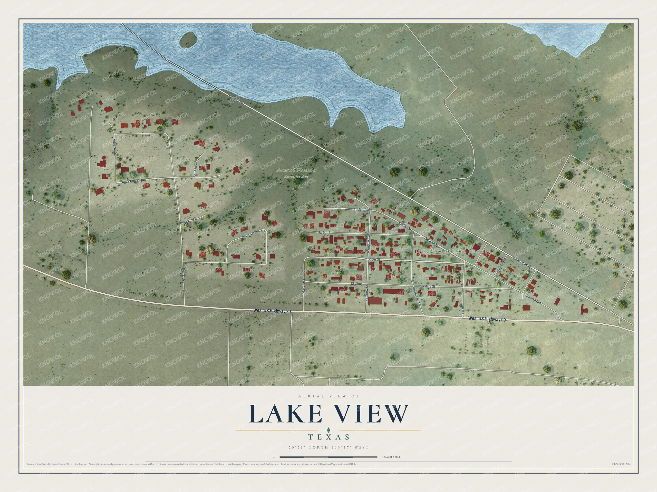 Full map of Lake View, Texas, with red buildings, printed street names and the land around them