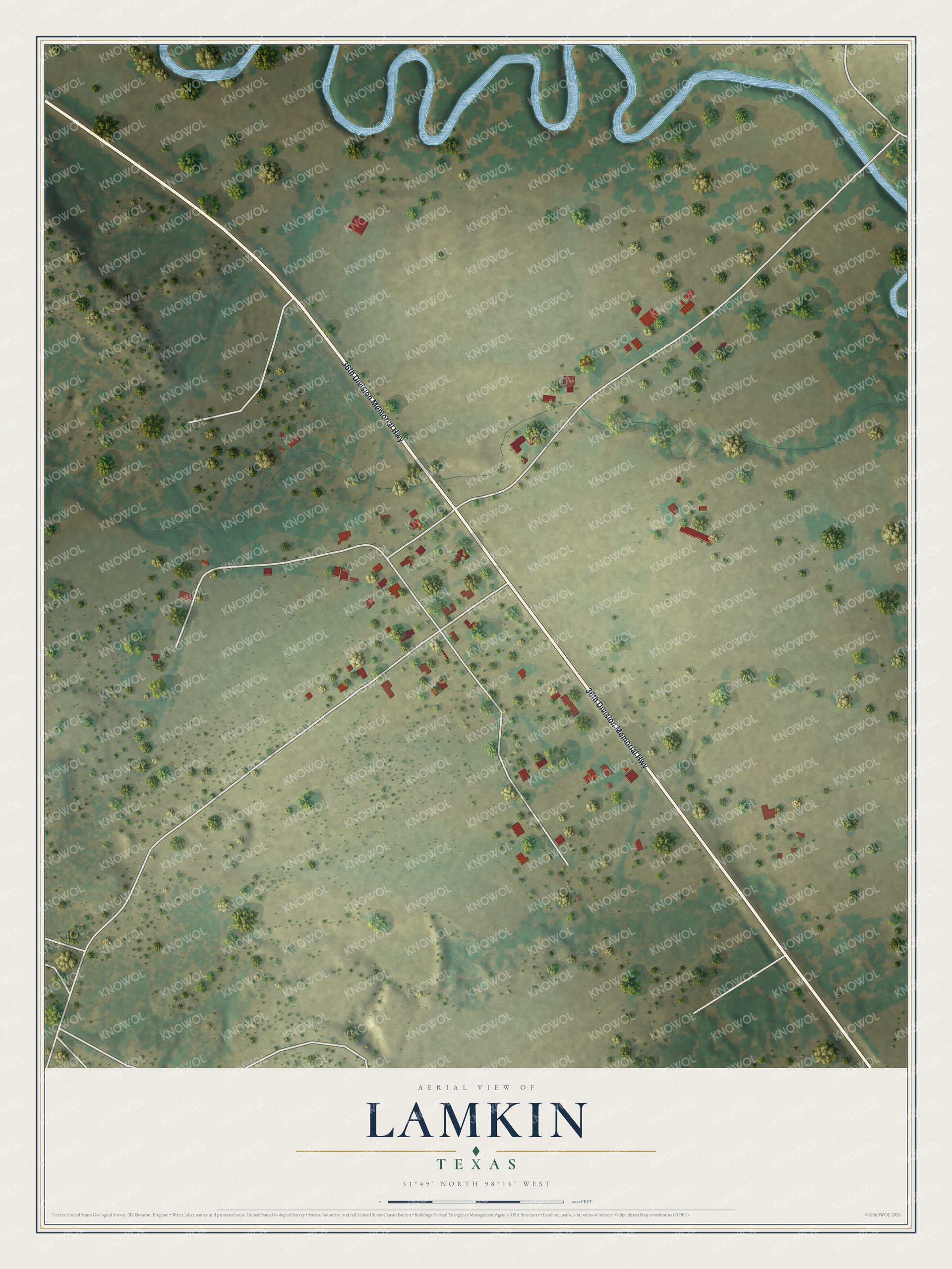 Full map of Lamkin, Texas, with red buildings, printed street names and the land around them