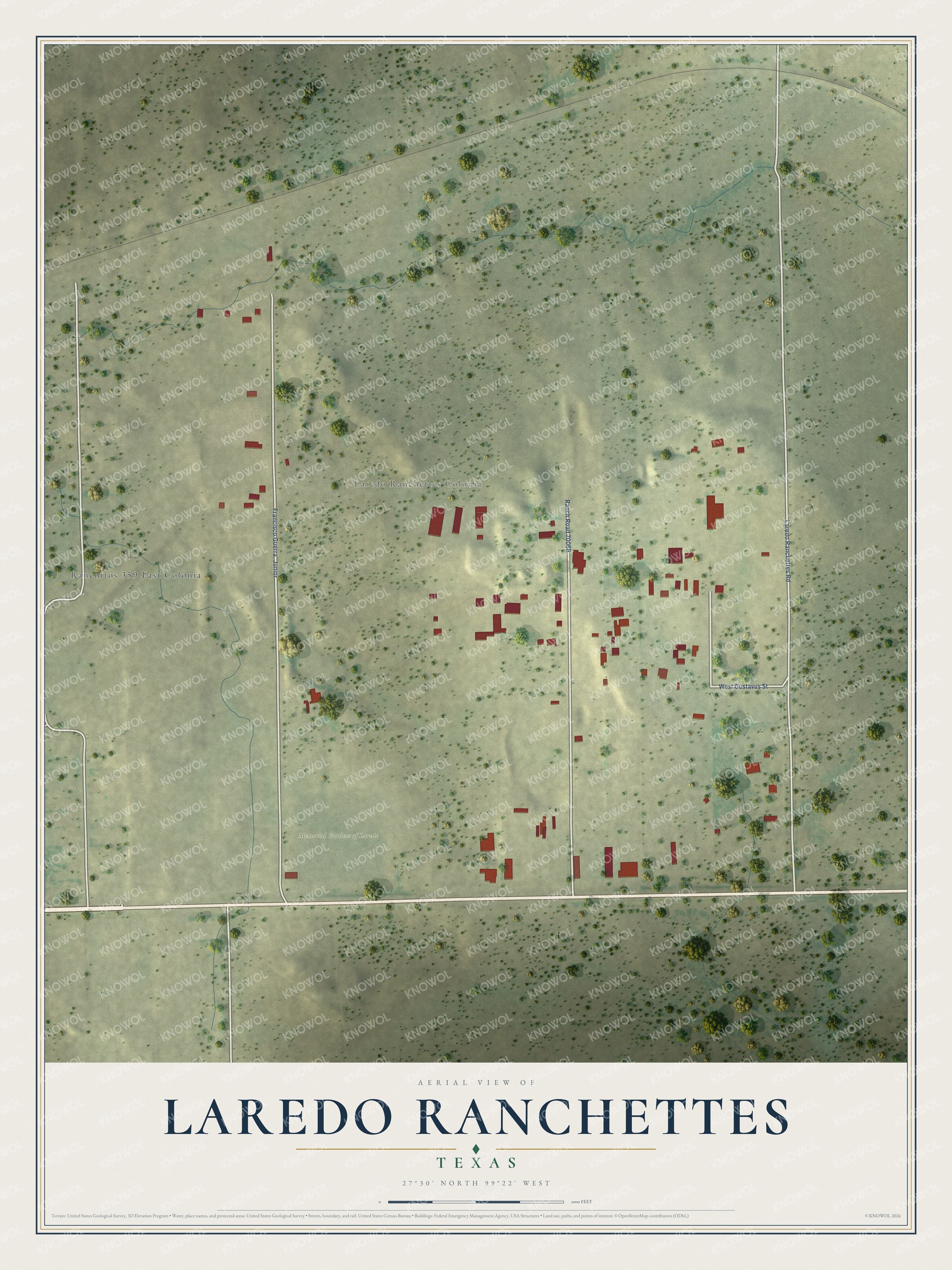 Full map of Laredo Ranchettes, Texas, with red buildings, printed street names and the land around them