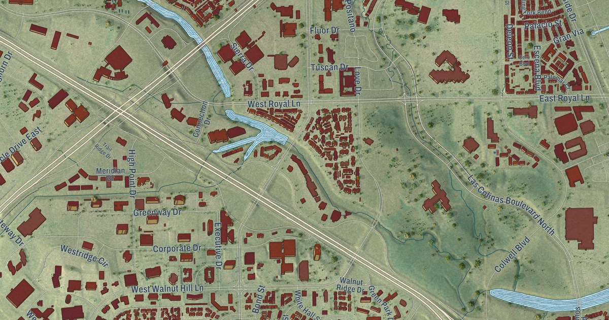 Close-up of streets and buildings in Las Colinas, Texas