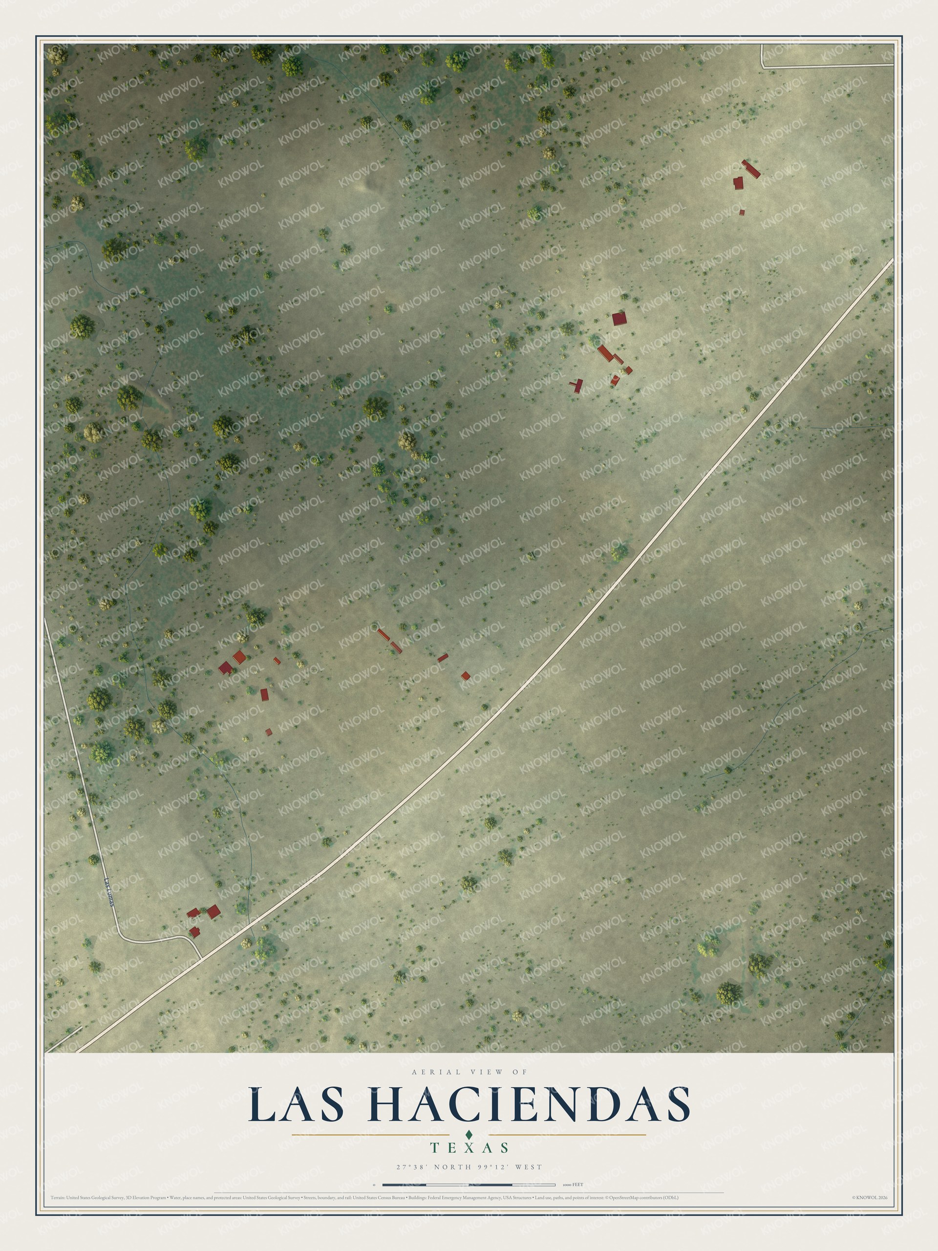 Full map of Las Haciendas, Texas, with red buildings, printed street names and the land around them