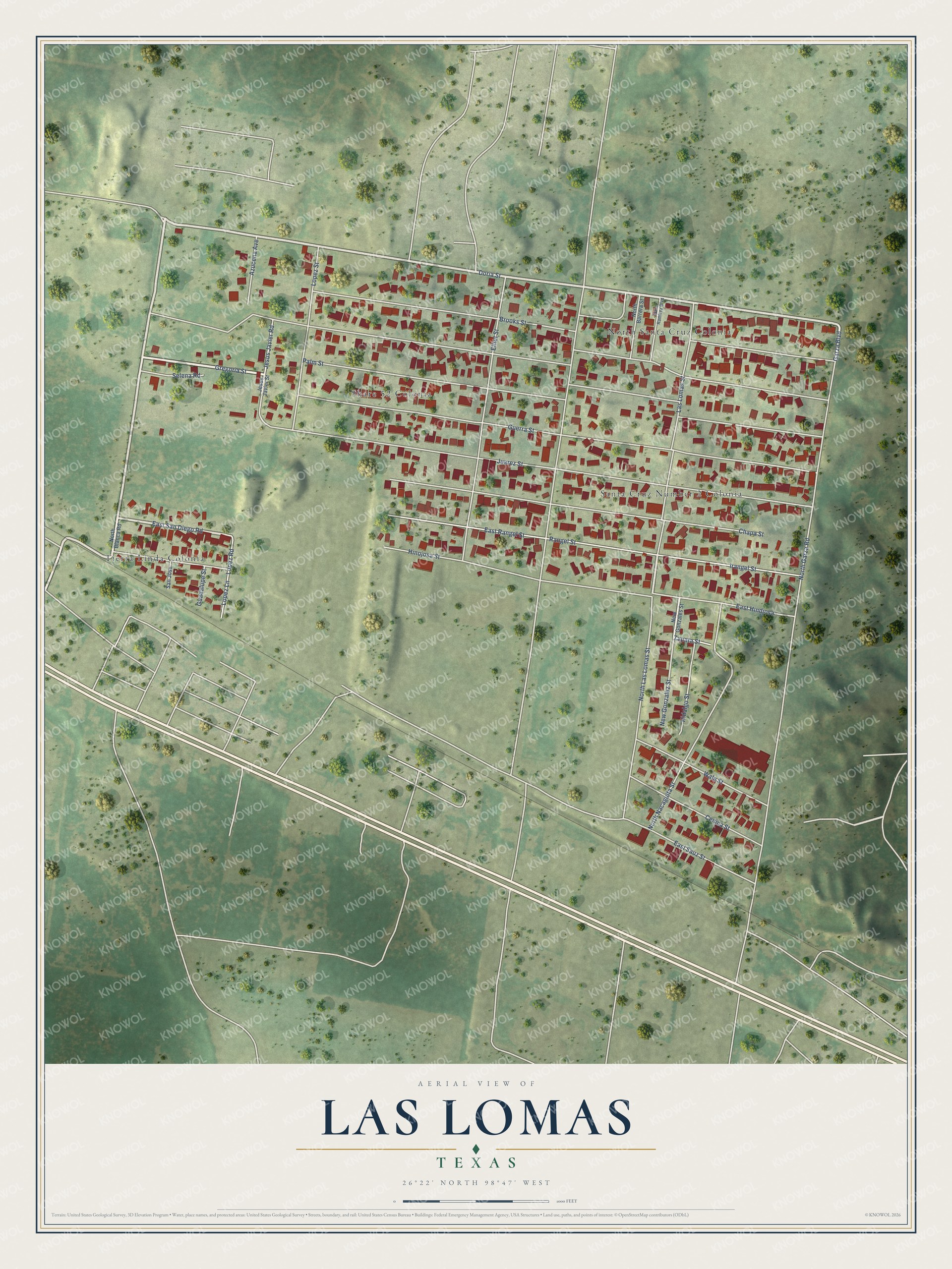 Full map of Las Lomas, Texas, with red buildings, printed street names and the land around them