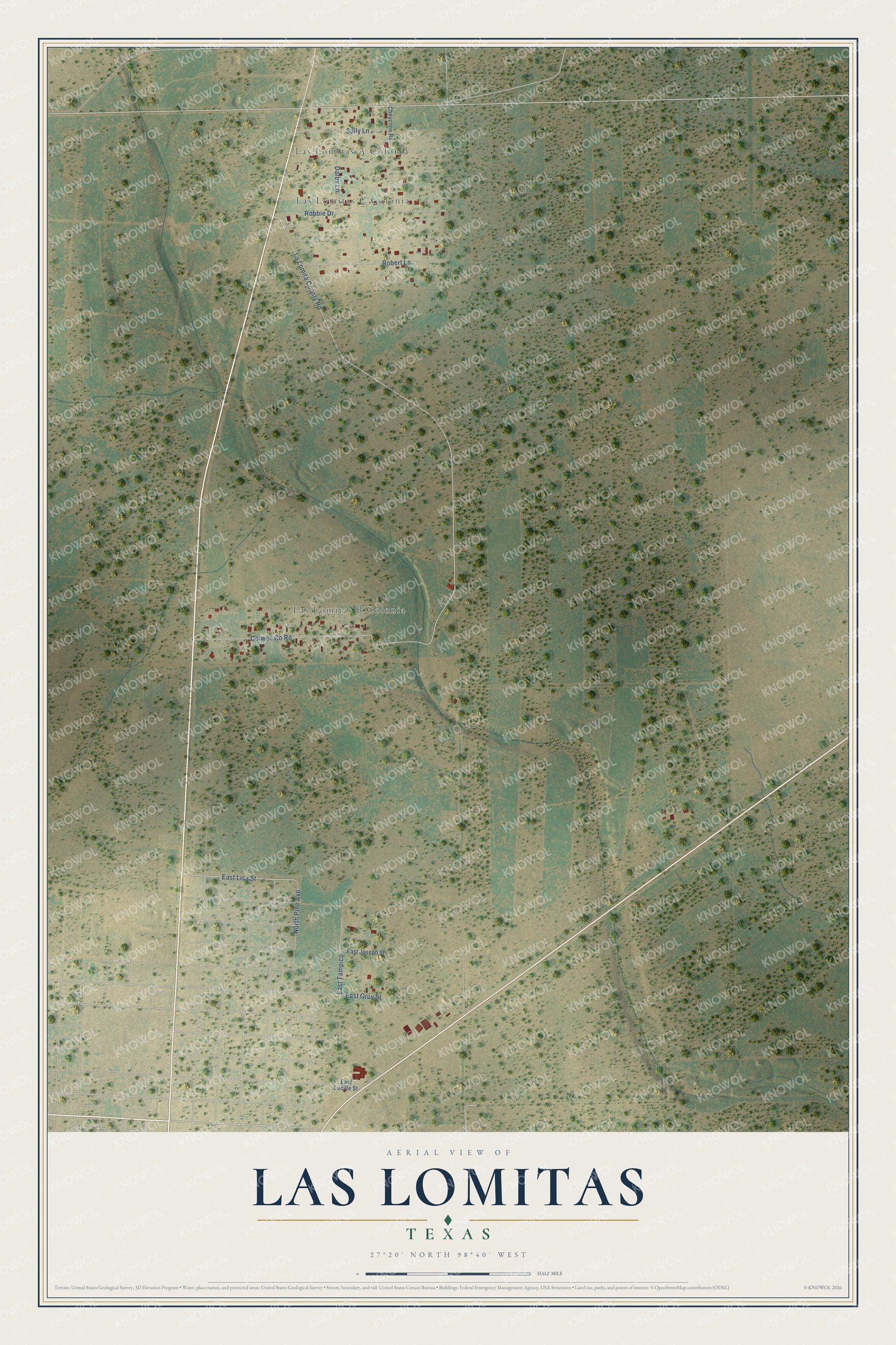 Full map of Las Lomitas, Texas, with red buildings, printed street names and the land around them
