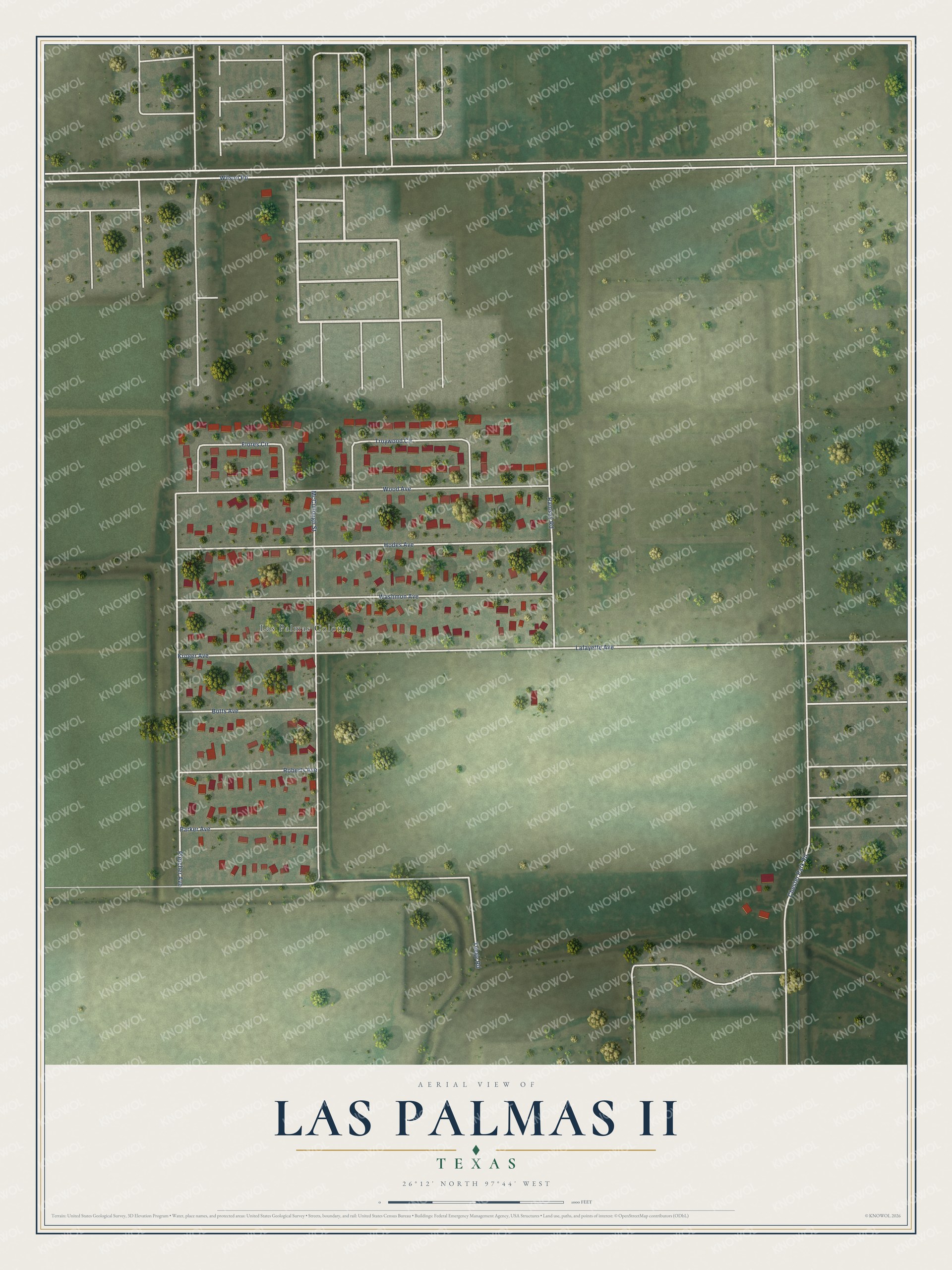 Full map of Las Palmas II, Texas, with red buildings, printed street names and the land around them