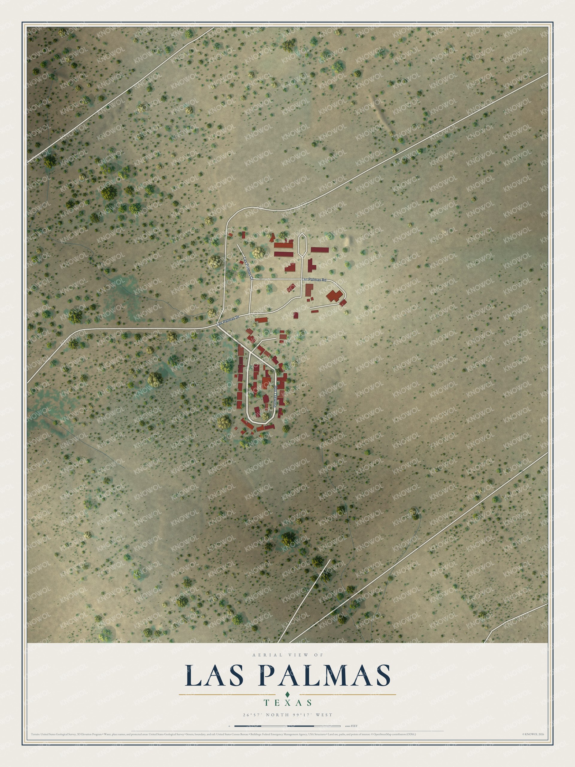 Full map of Las Palmas, Texas, with red buildings, printed street names and the land around them