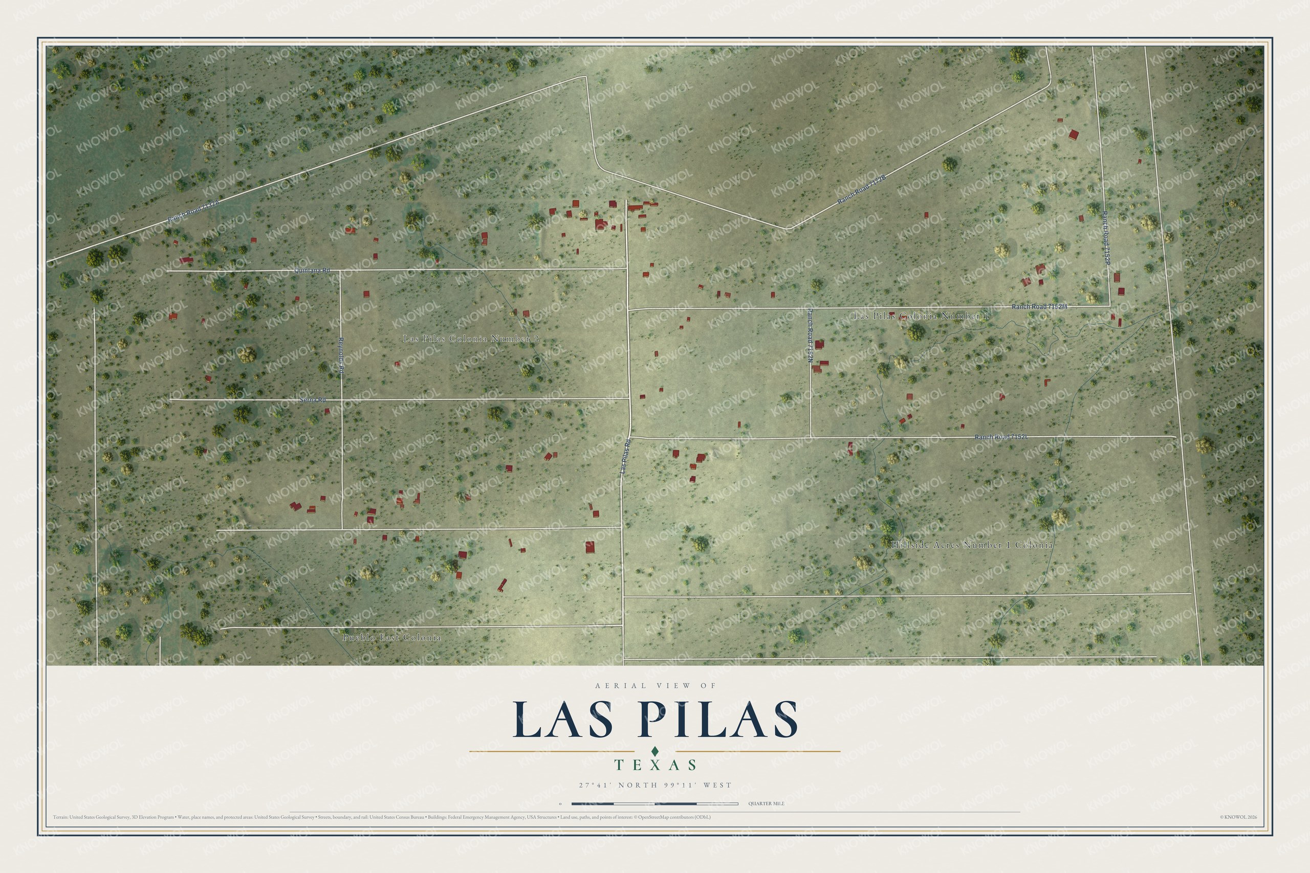 Full map of Las Pilas, Texas, with red buildings, printed street names and the land around them