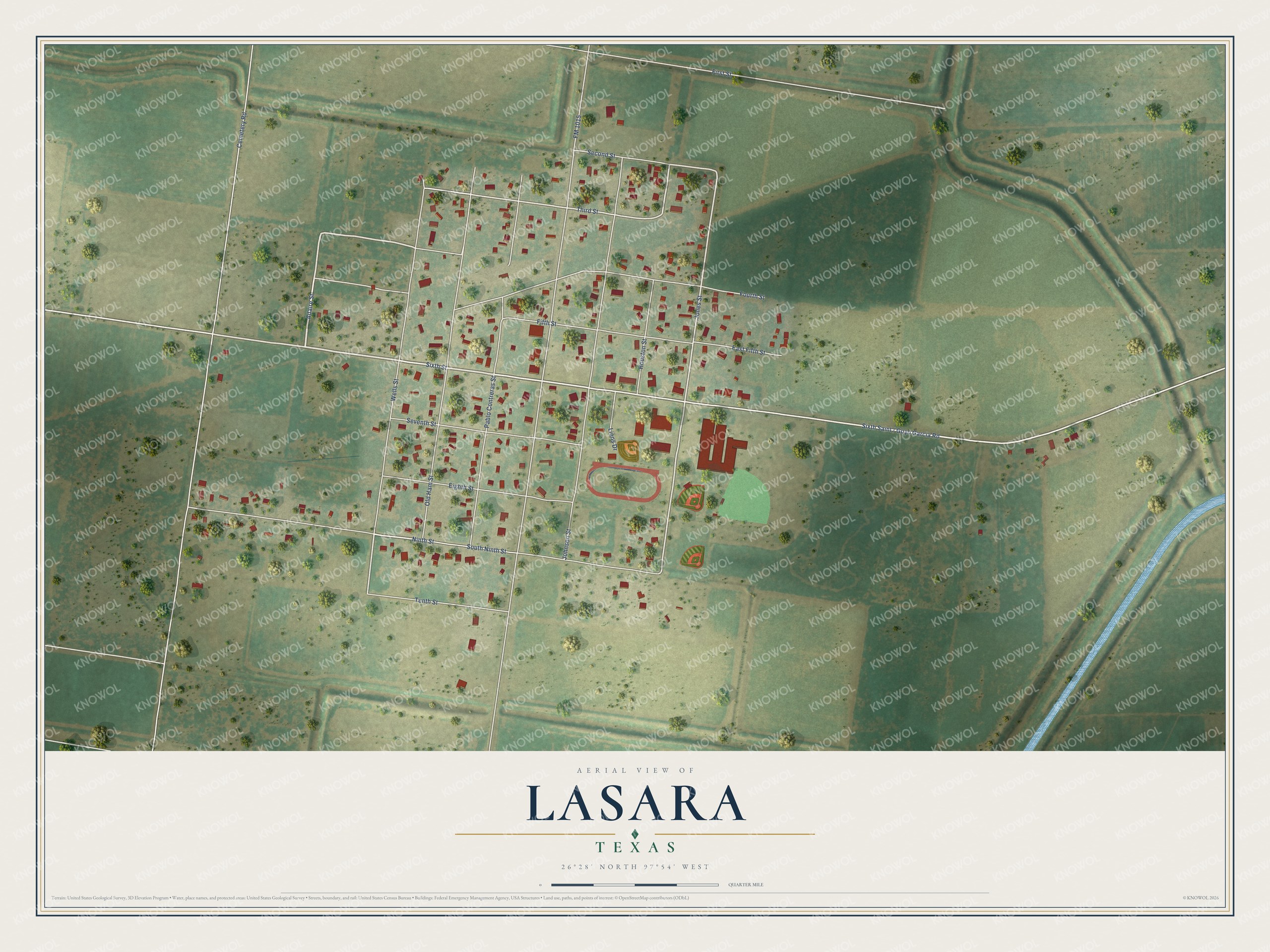 Full map of Lasara, Texas, with red buildings, printed street names and the land around them