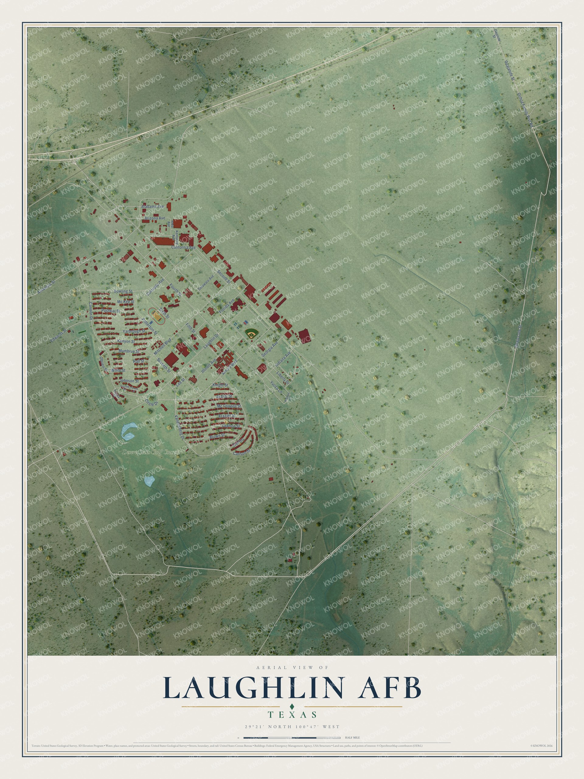 Full map of Laughlin AFB, Texas, with red buildings, printed street names and the land around them