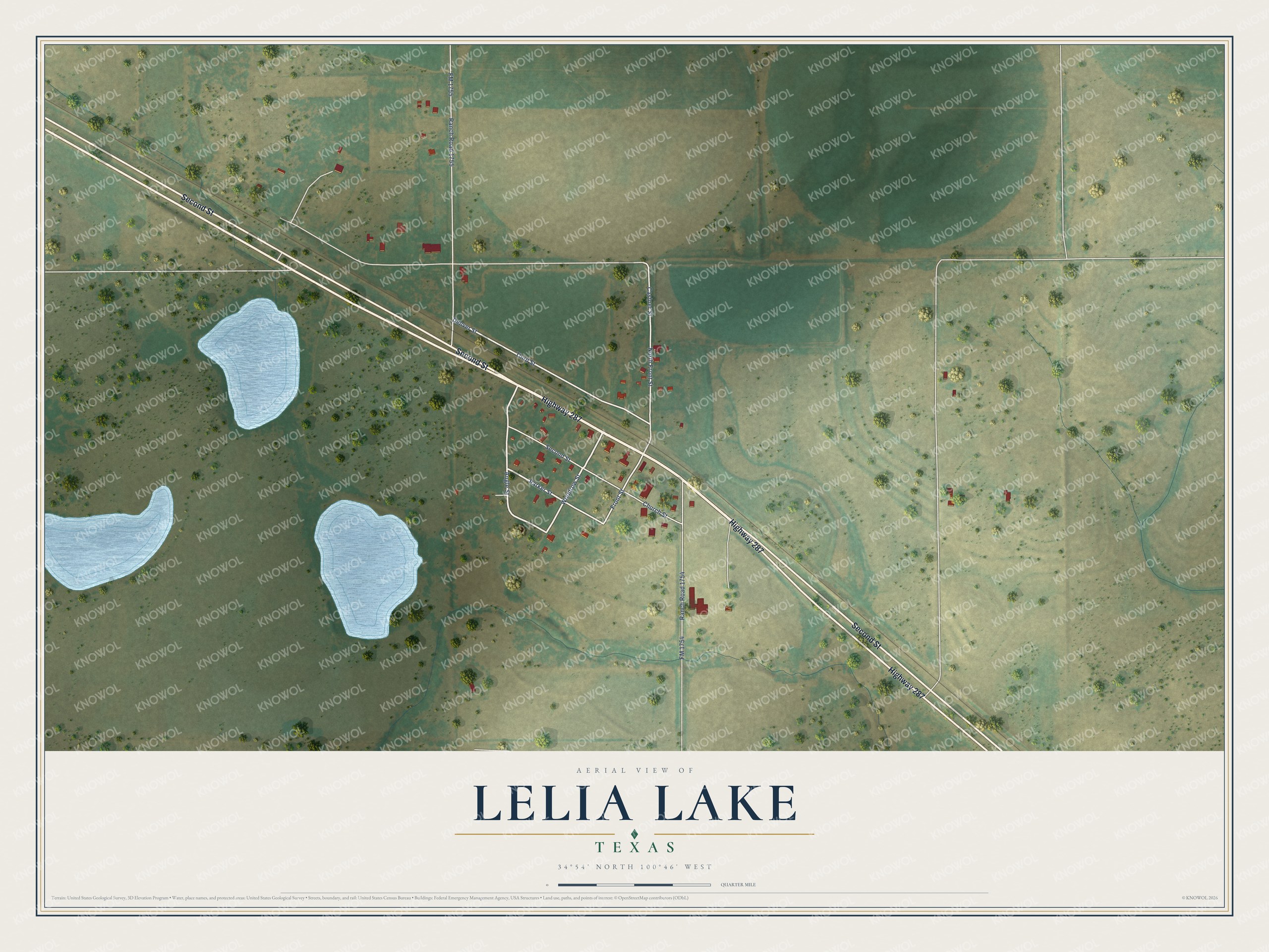 Full map of Lelia Lake, Texas, with red buildings, printed street names and the land around them
