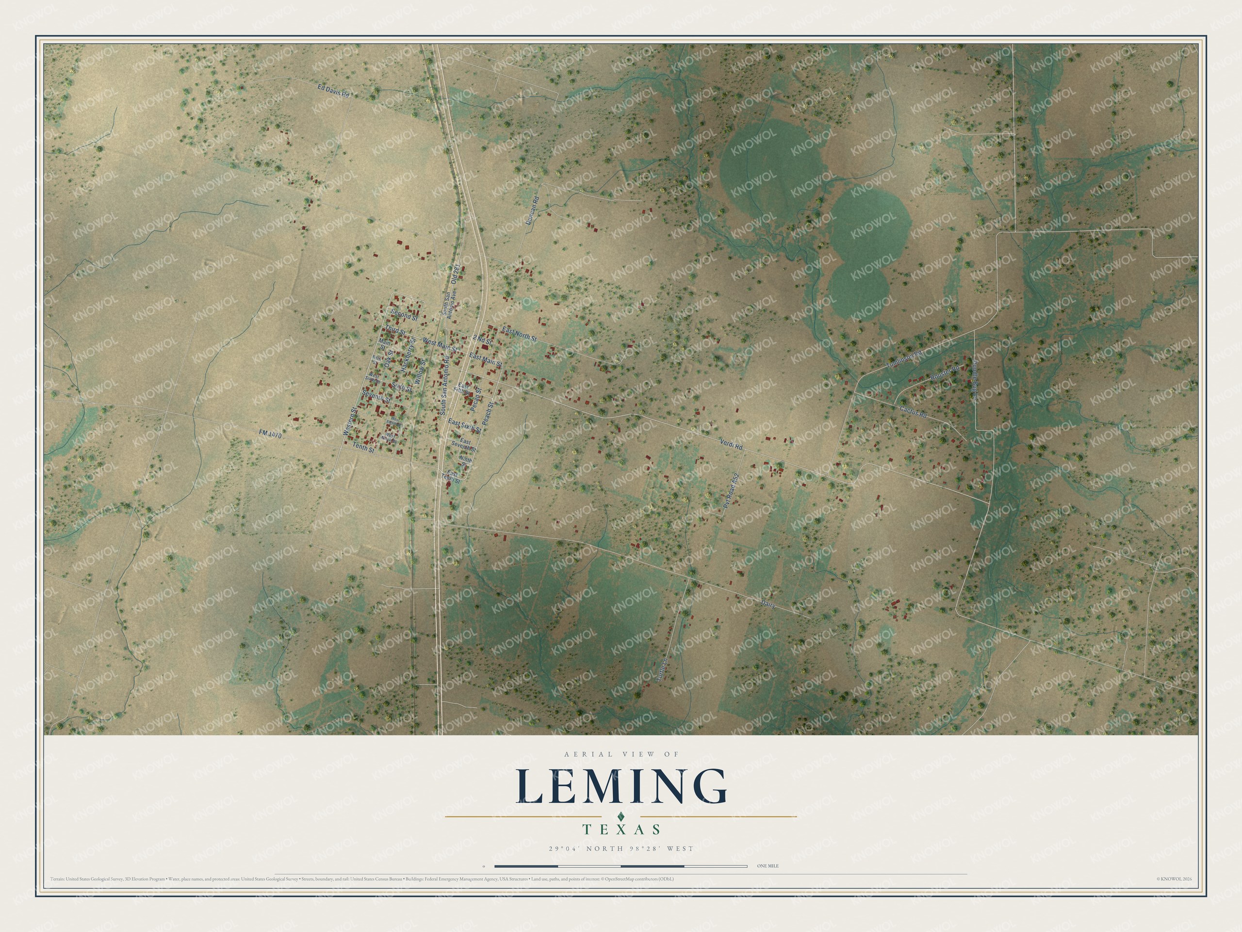 Full map of Leming, Texas, with red buildings, printed street names and the land around them