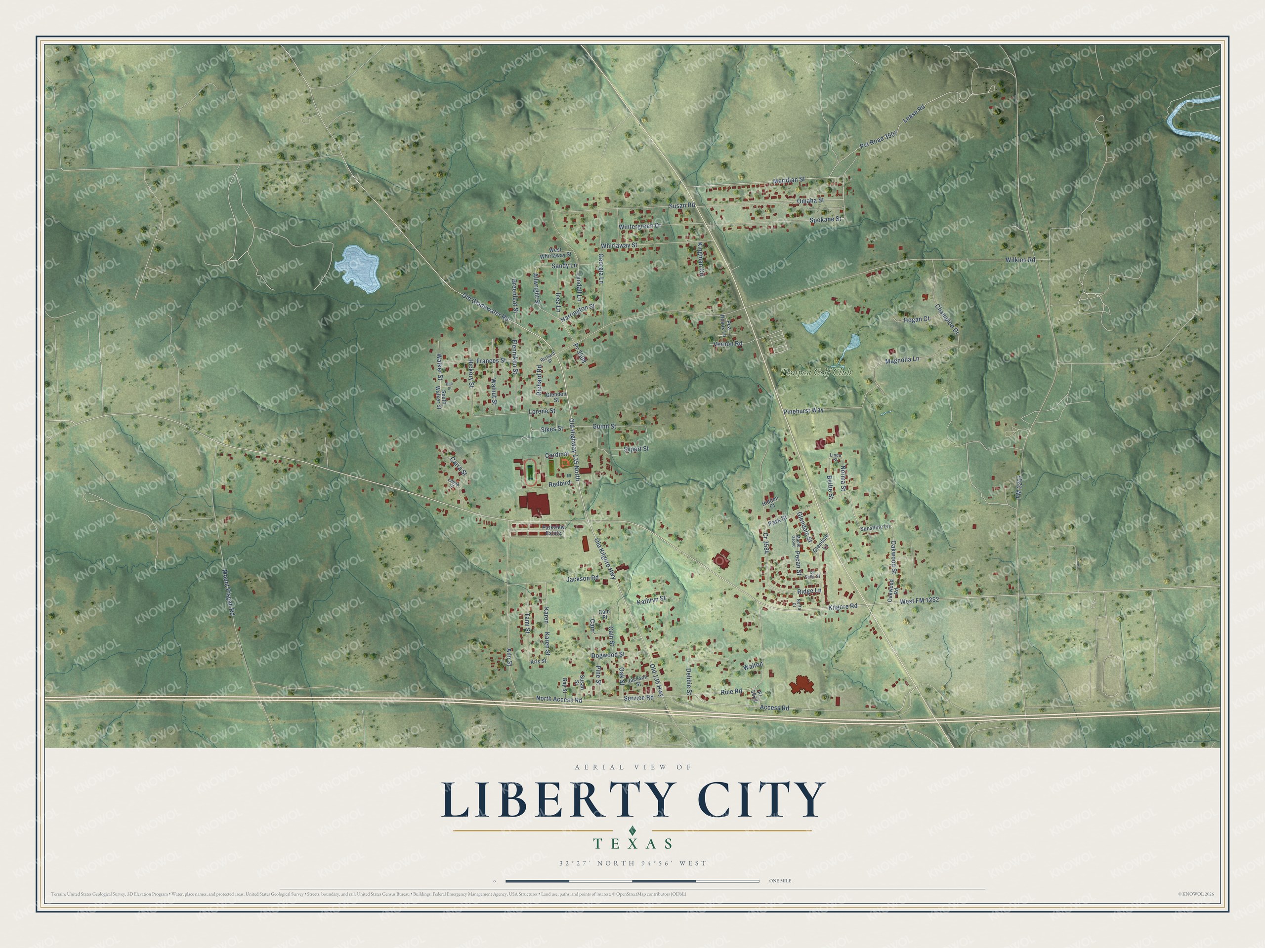 Full map of Liberty City, Texas, with red buildings, printed street names and the land around them