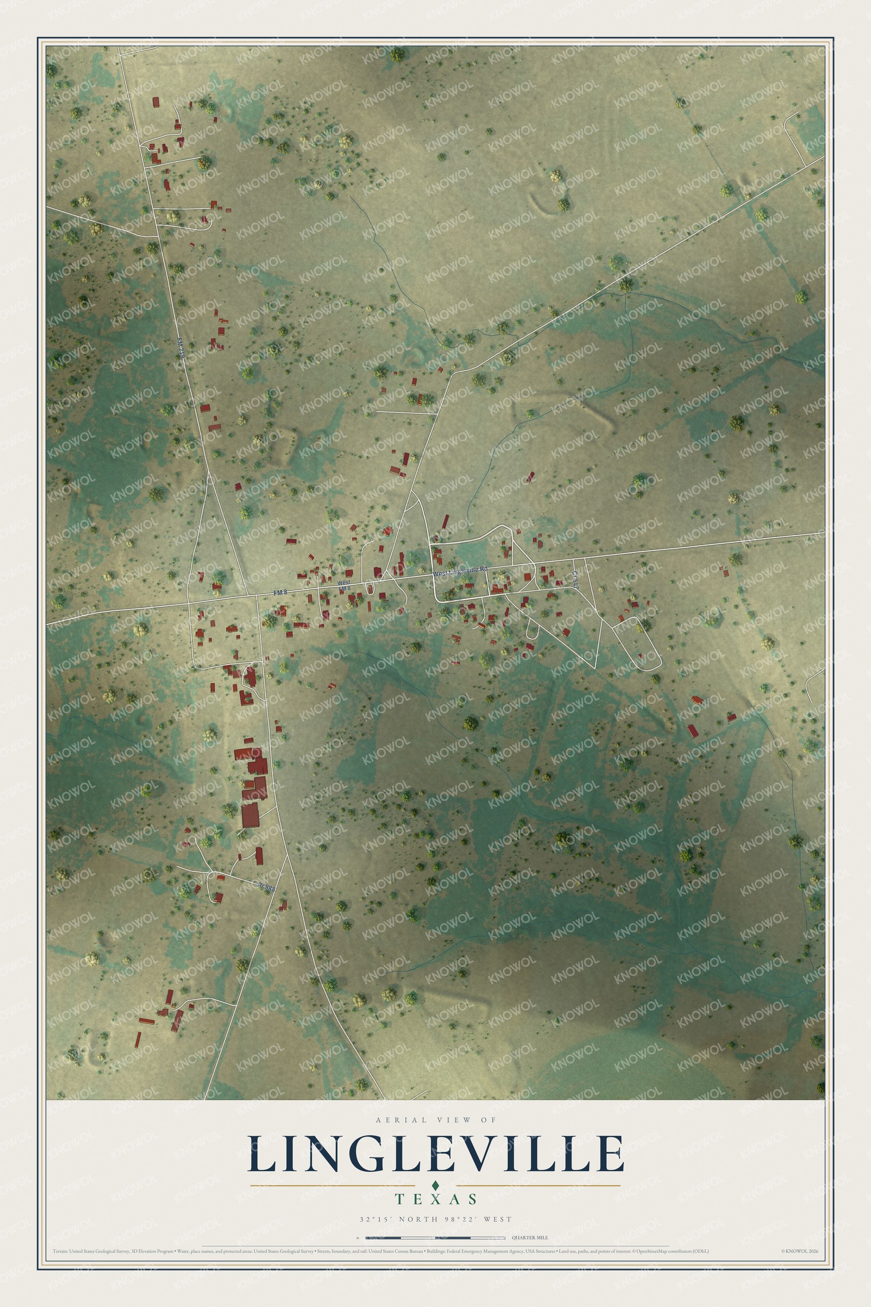 Full map of Lingleville, Texas, with red buildings, printed street names and the land around them