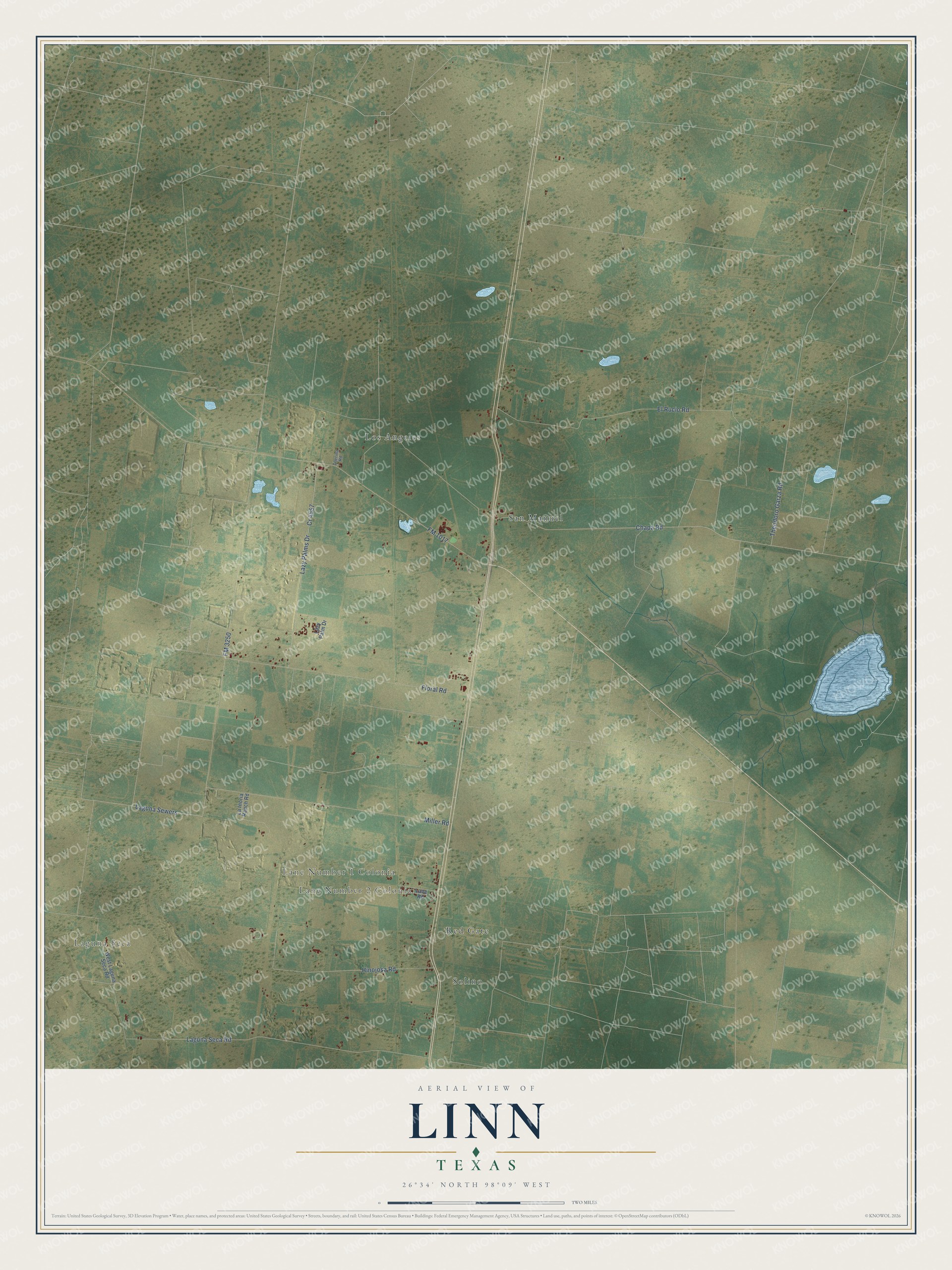 Full map of Linn, Texas, with red buildings, printed street names and the land around them