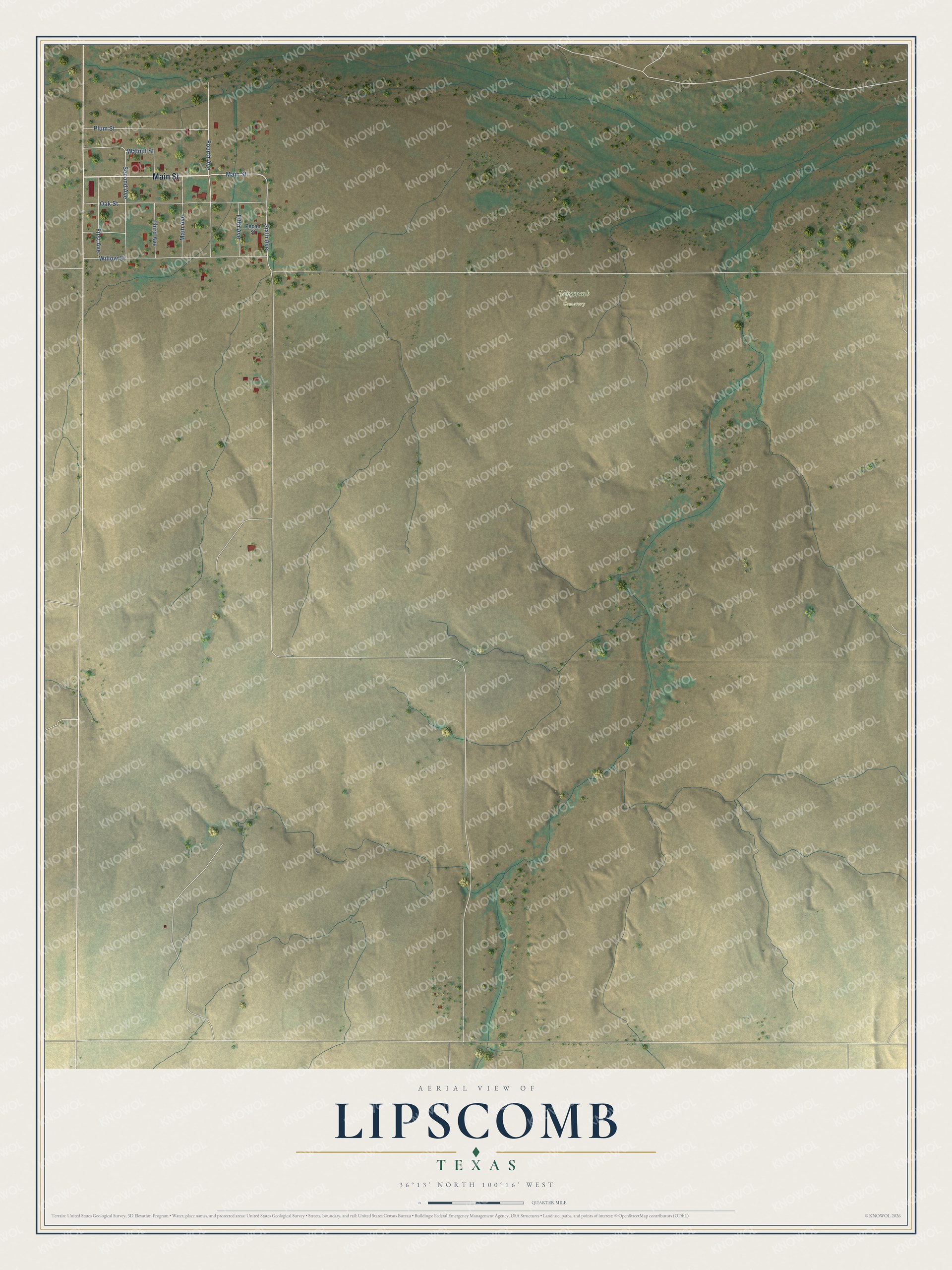 Full map of Lipscomb, Texas, with red buildings, printed street names and the land around them