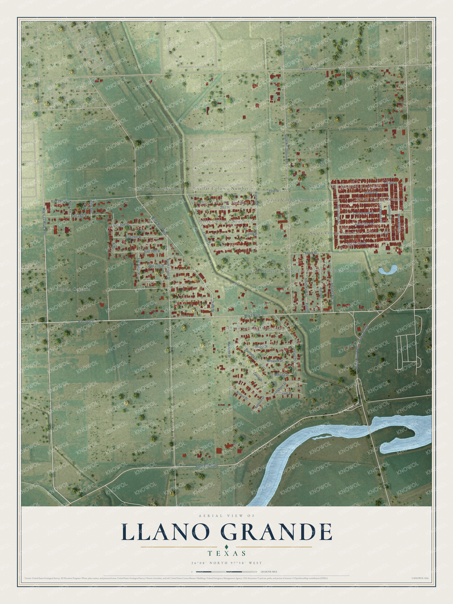 Full map of Llano Grande, Texas, with red buildings, printed street names and the land around them