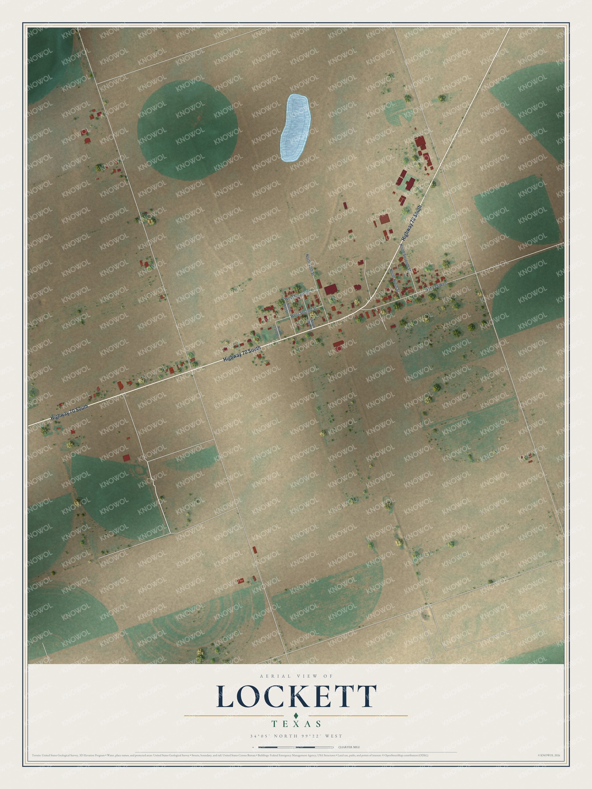Full map of Lockett, Texas, with red buildings, printed street names and the land around them
