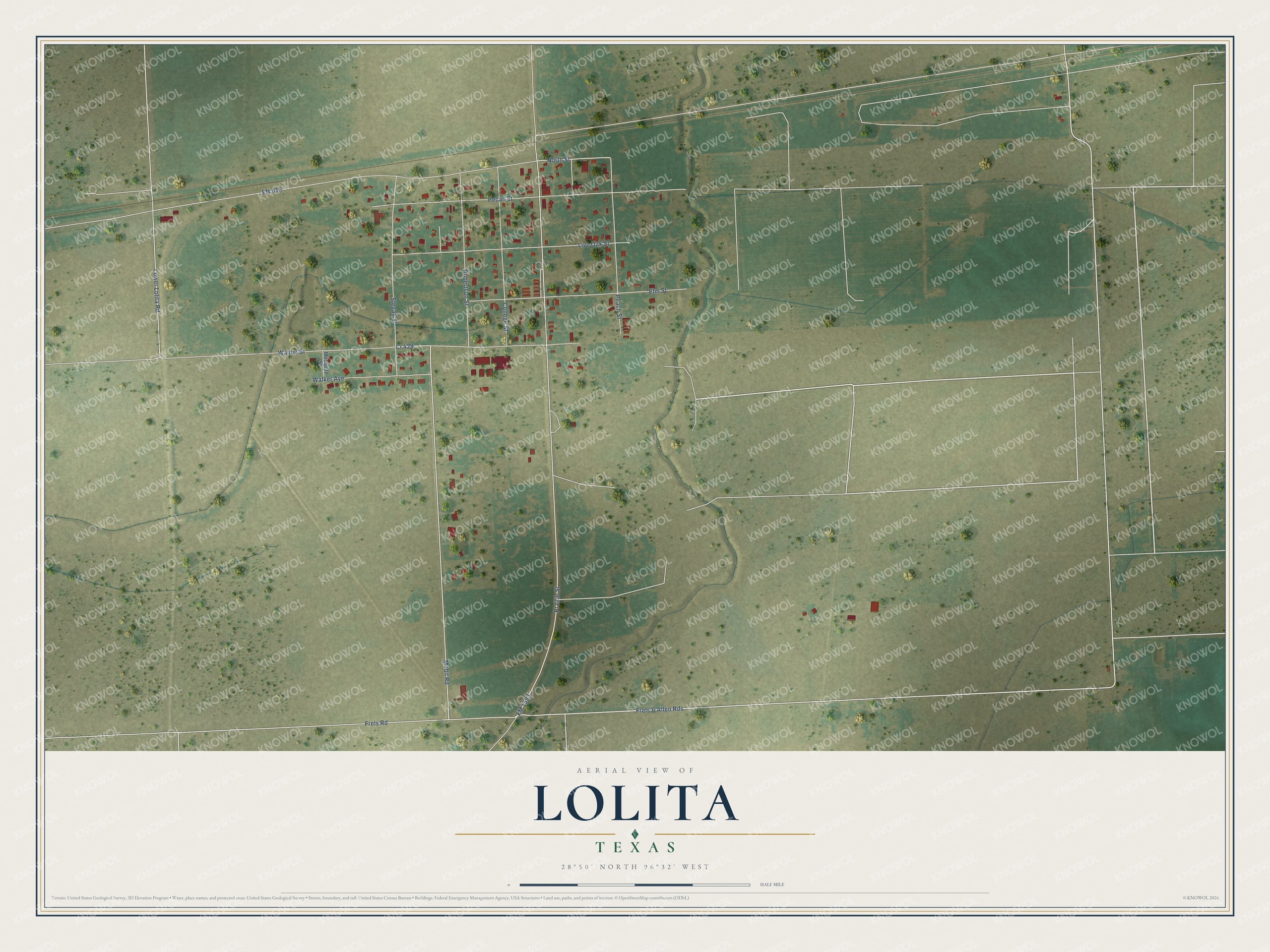 Full map of Lolita, Texas, with red buildings, printed street names and the land around them