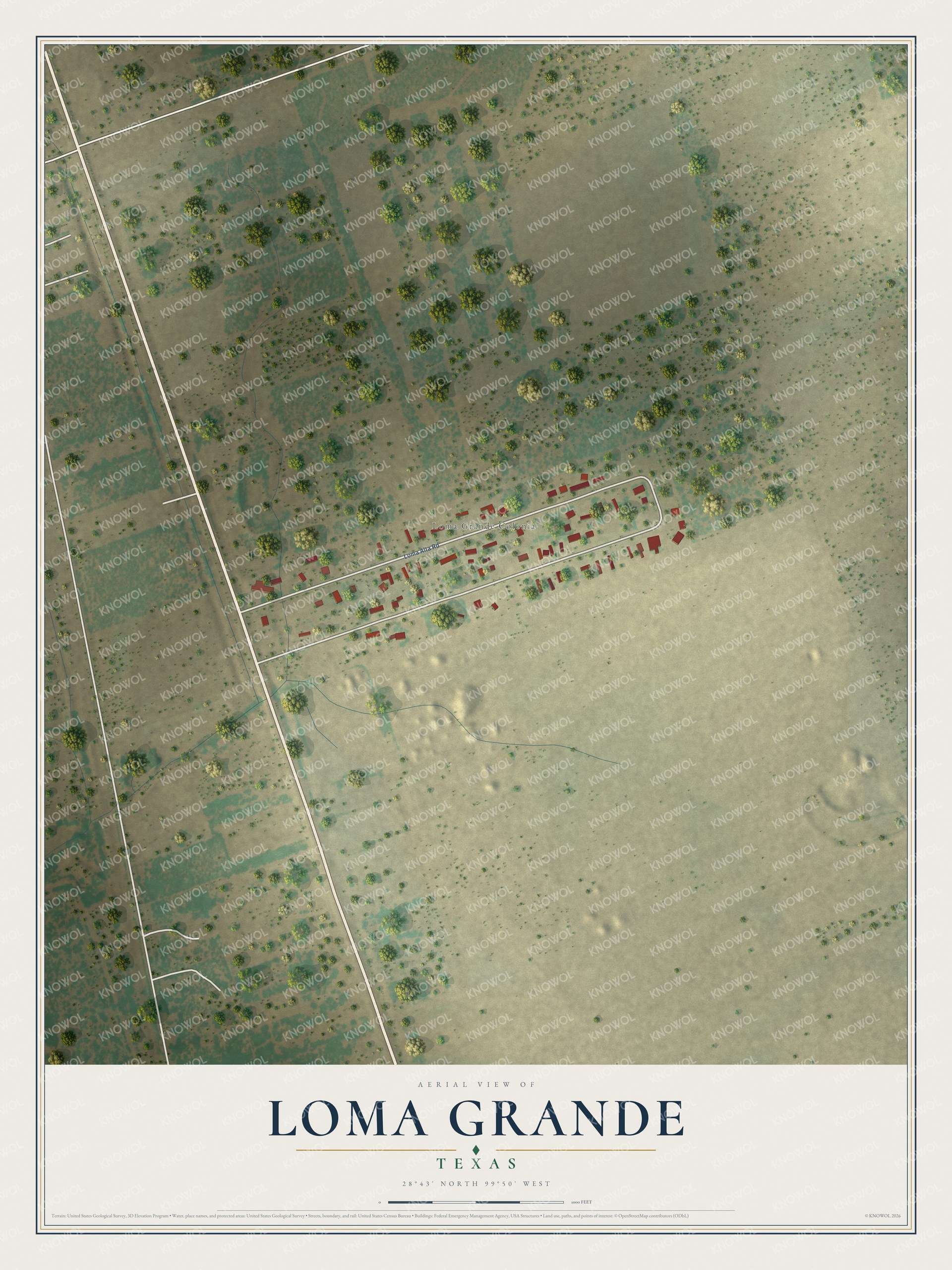 Full map of Loma Grande, Texas, with red buildings, printed street names and the land around them