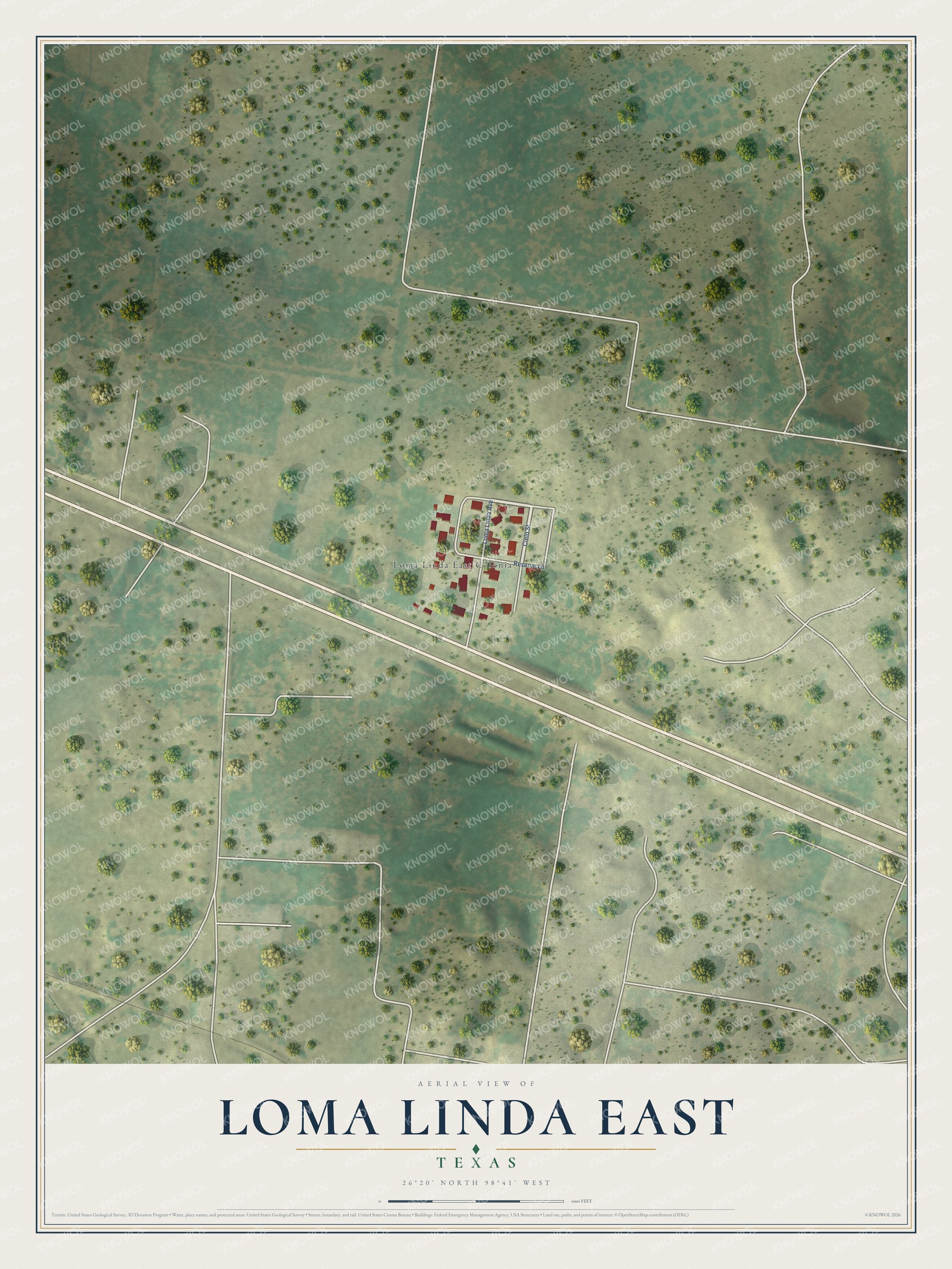 Full map of Loma Linda East, Texas, with red buildings, printed street names and the land around them
