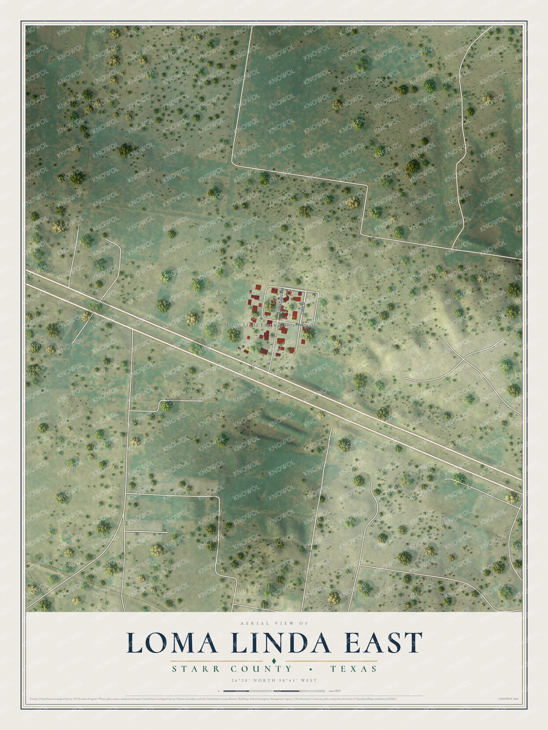 Full map of Loma Linda East, Texas, with red buildings, printed street names and the land around them