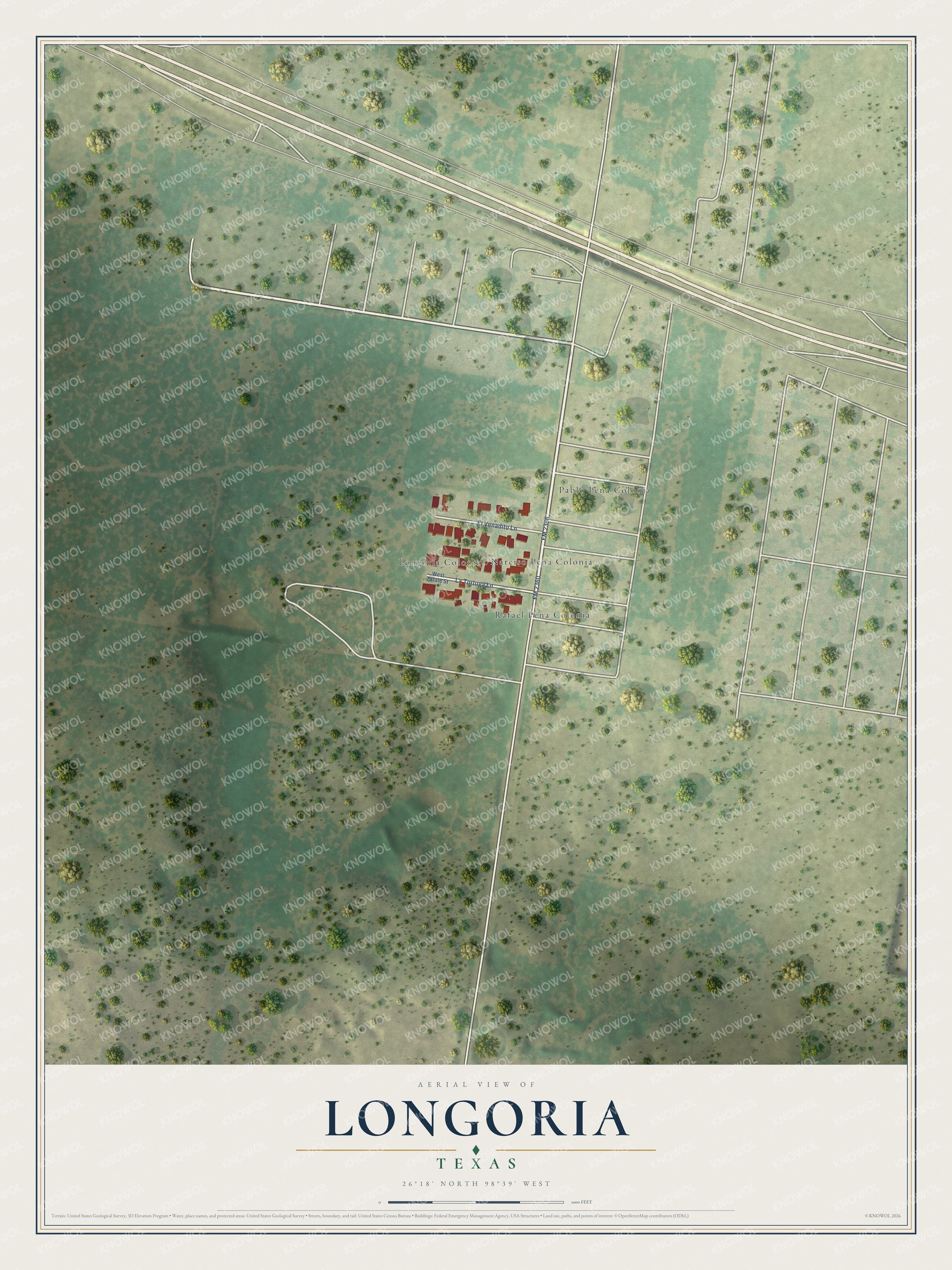 Full map of Longoria, Texas, with red buildings, printed street names and the land around them