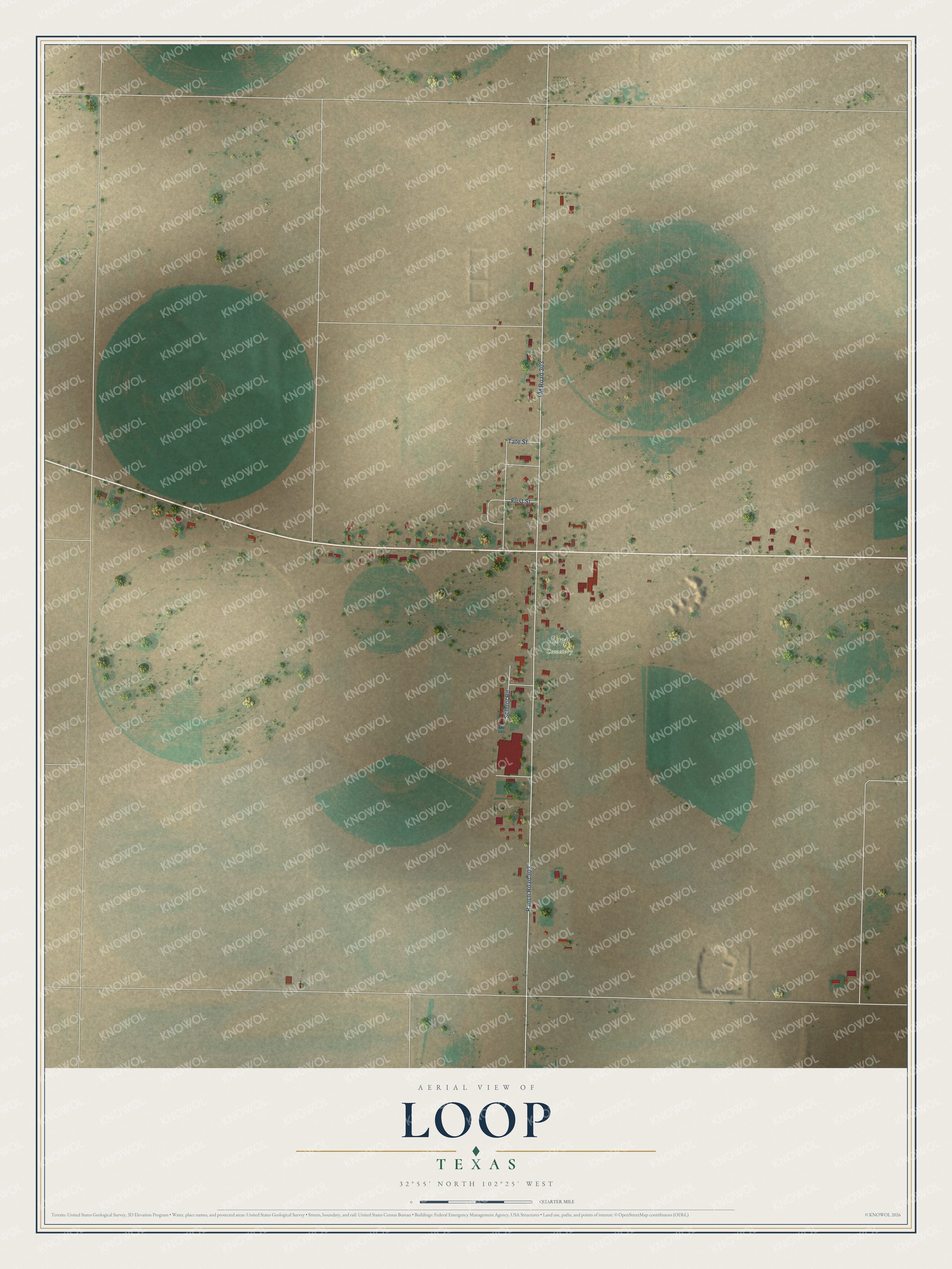 Full map of Loop, Texas, with red buildings, printed street names and the land around them