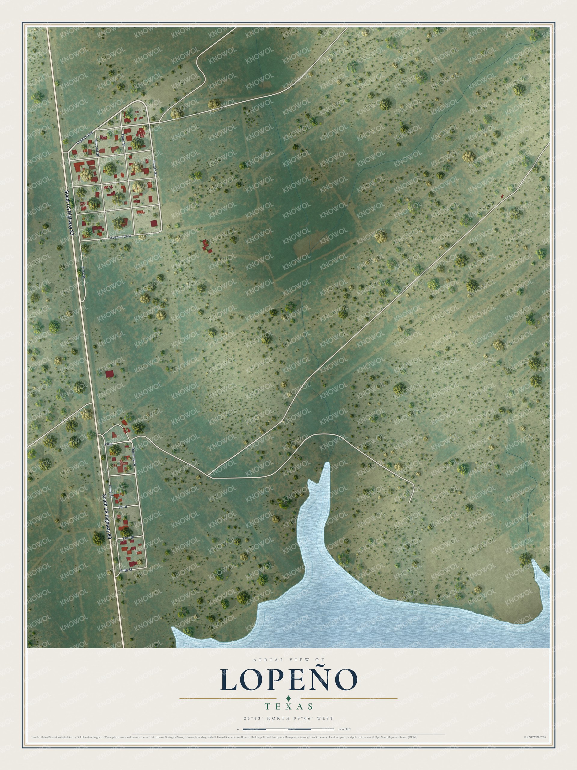 Full map of Lopeño, Texas, with red buildings, printed street names and the land around them