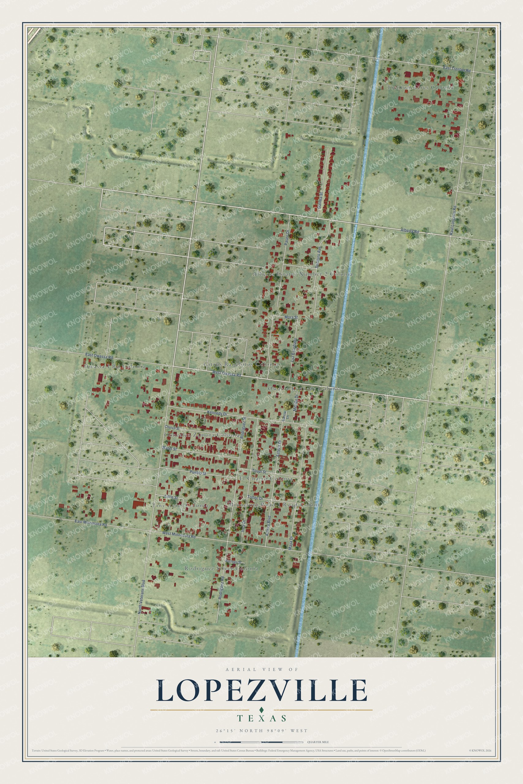 Full map of Lopezville, Texas, with red buildings, printed street names and the land around them