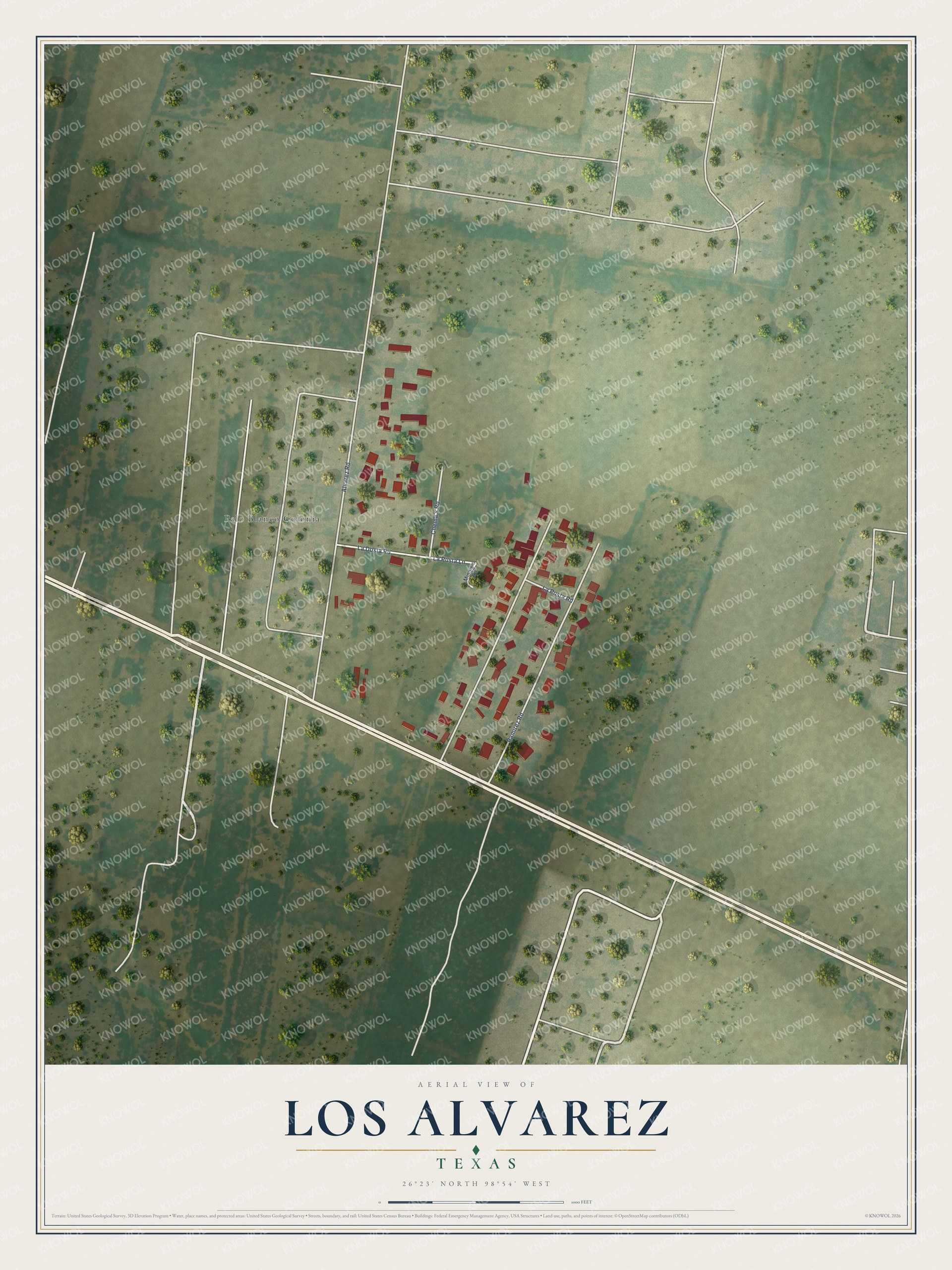 Full map of Los Alvarez, Texas, with red buildings, printed street names and the land around them