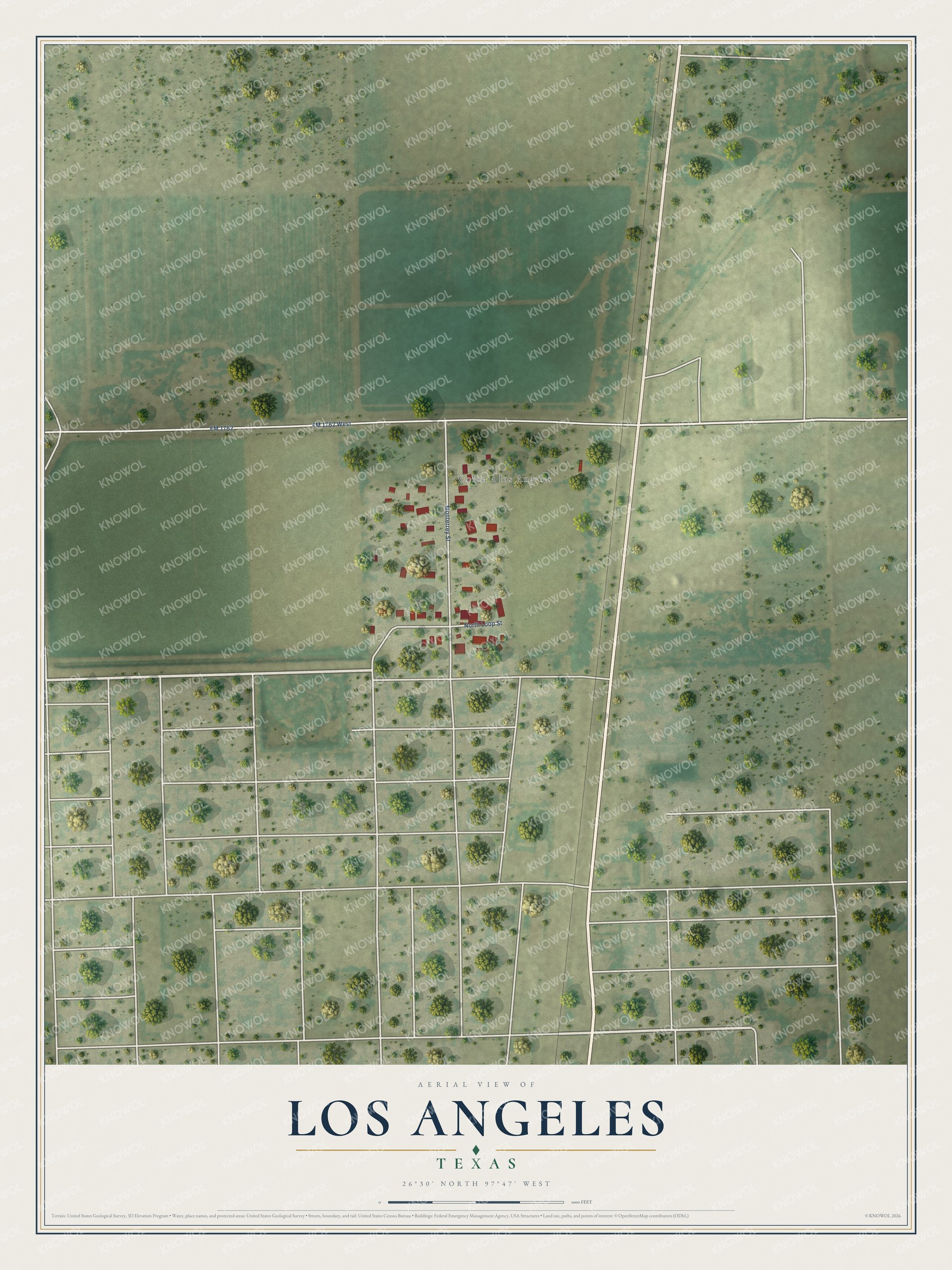 Full map of Los Angeles, Texas, with red buildings, printed street names and the land around them