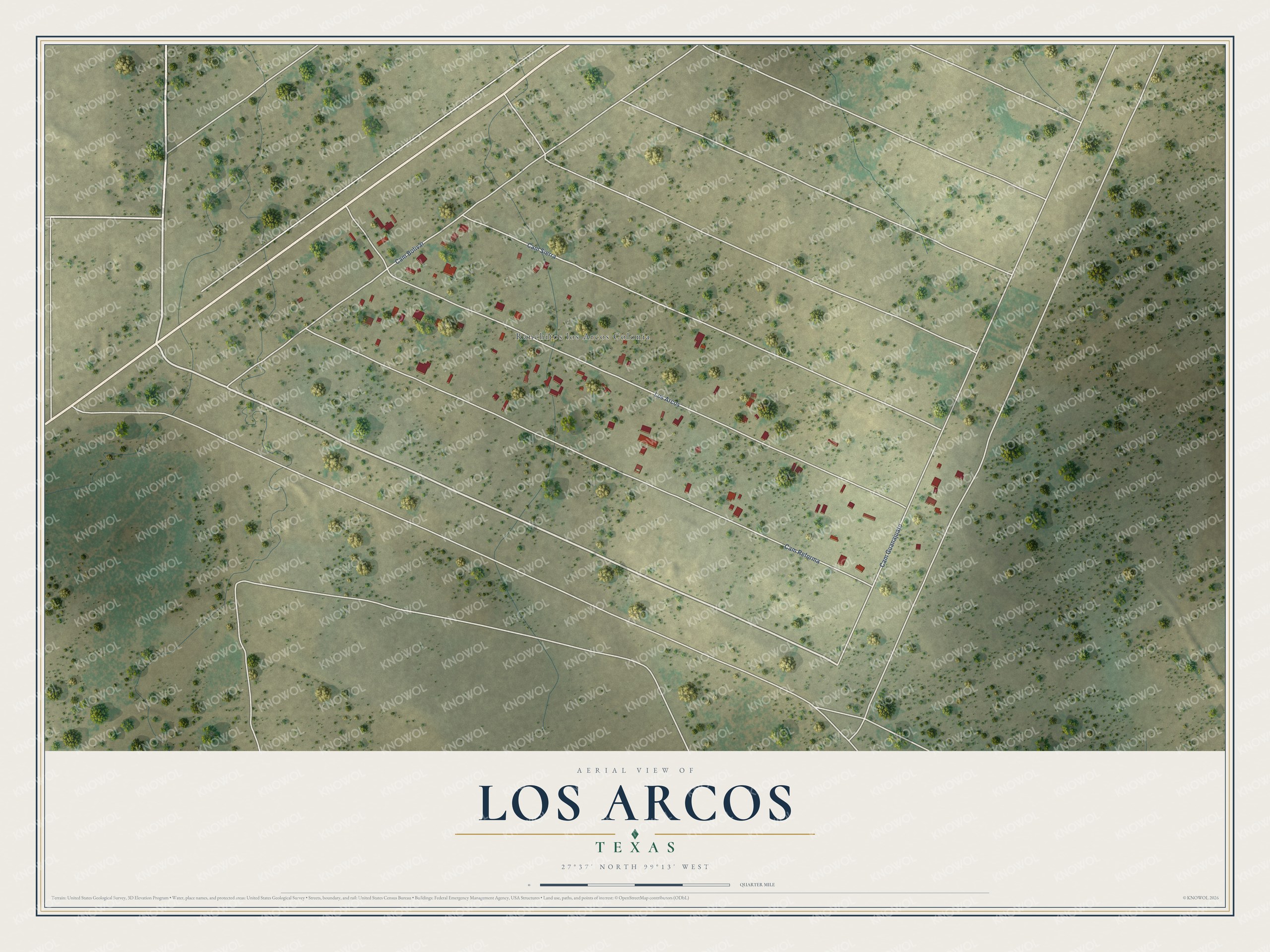 Full map of Los Arcos, Texas, with red buildings, printed street names and the land around them