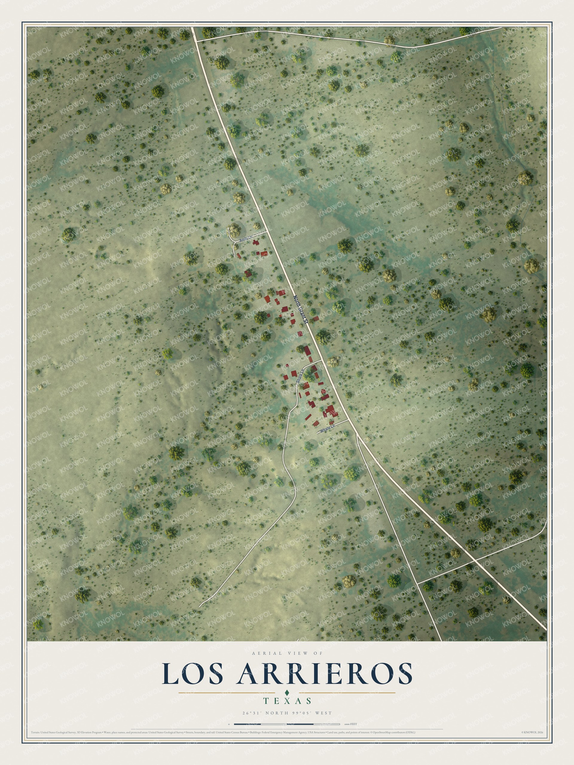 Full map of Los Arrieros, Texas, with red buildings, printed street names and the land around them