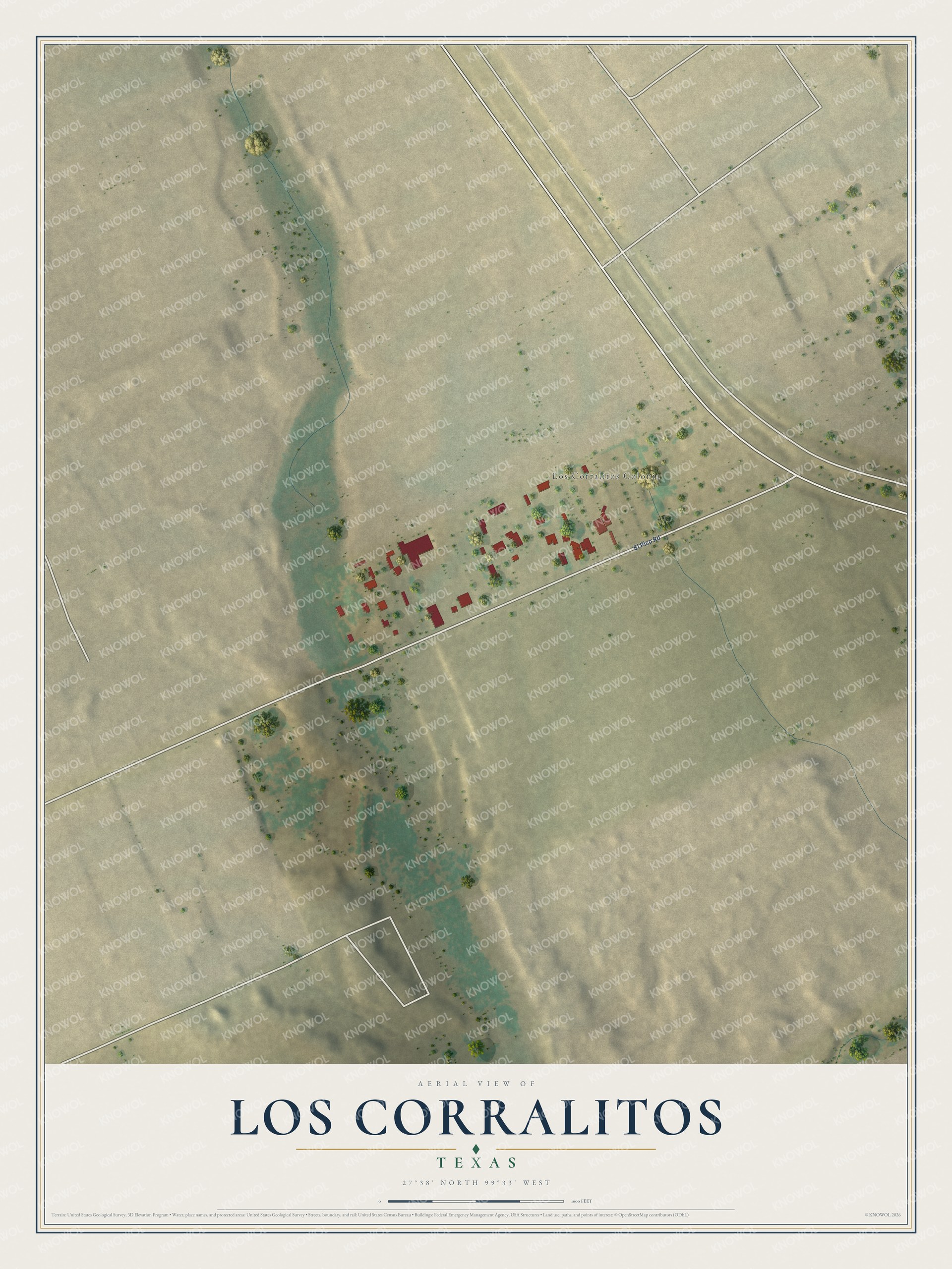 Full map of Los Corralitos, Texas, with red buildings, printed street names and the land around them
