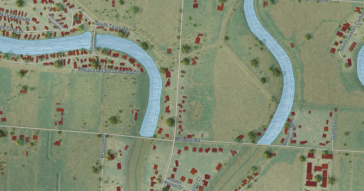 Close-up of streets and buildings in Los Cuates, Texas