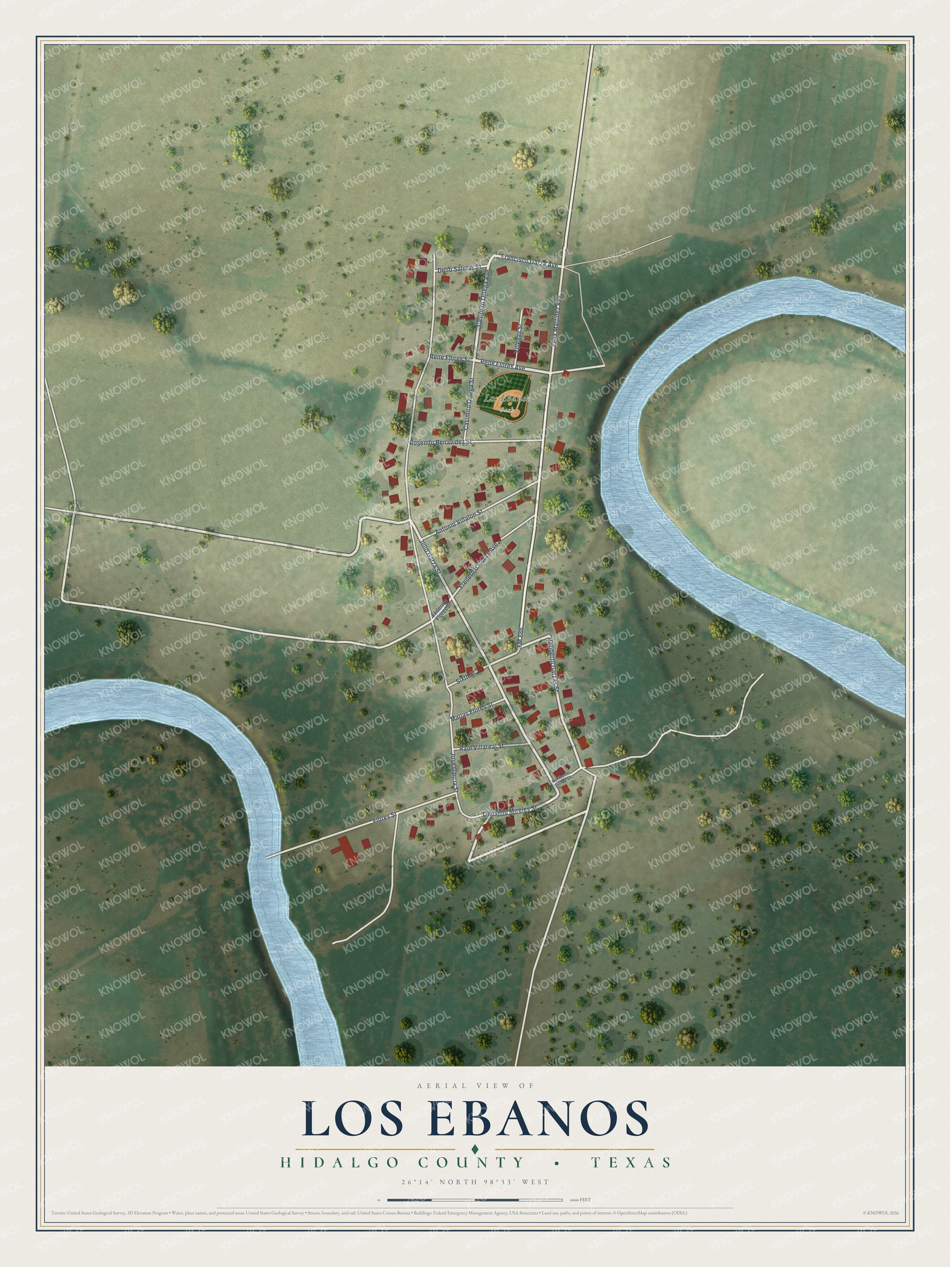 Full map of Los Ebanos, Texas, with red buildings, printed street names and the land around them
