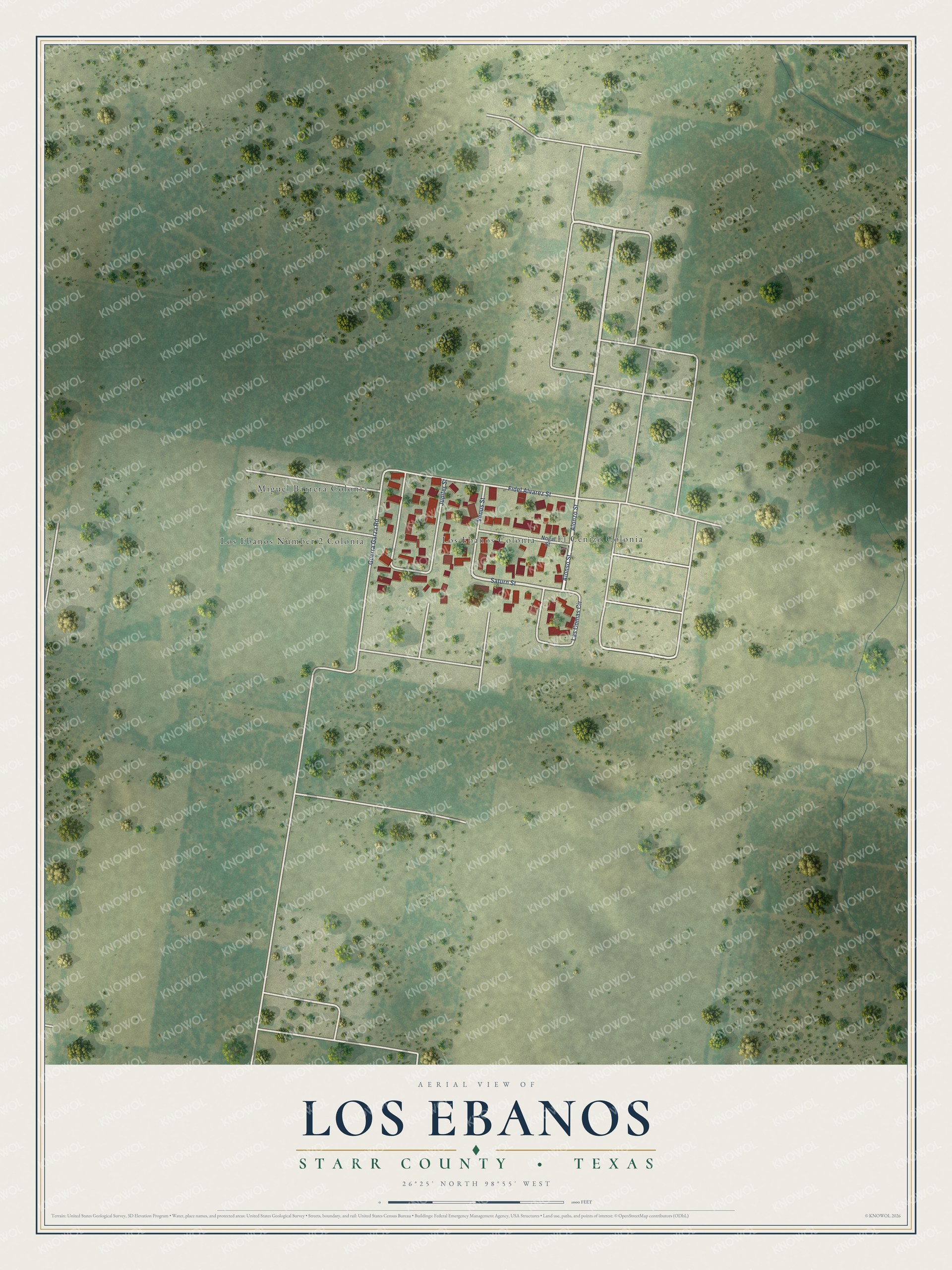 Full map of Los Ebanos, Texas, with red buildings, printed street names and the land around them