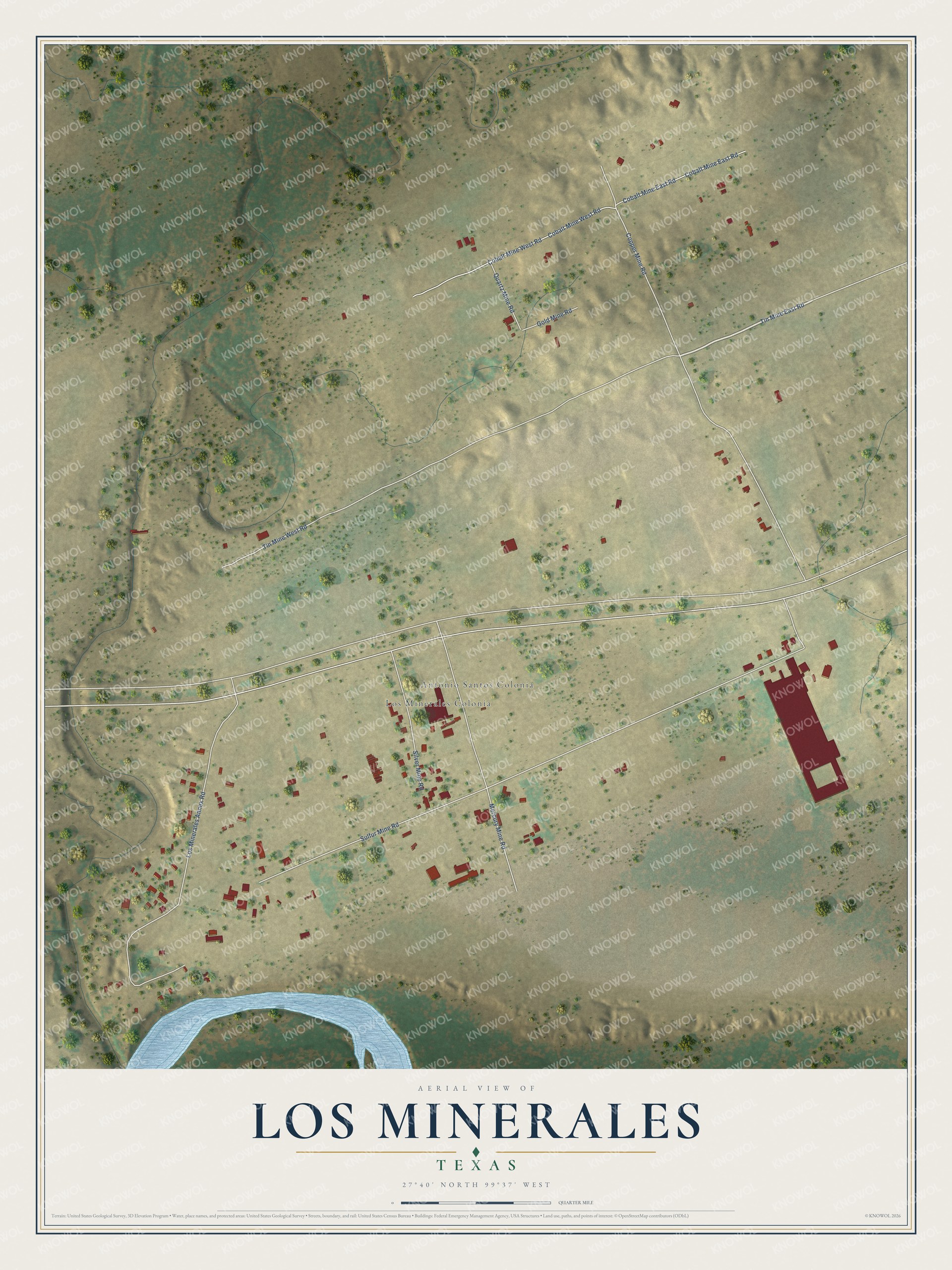 Full map of Los Minerales, Texas, with red buildings, printed street names and the land around them