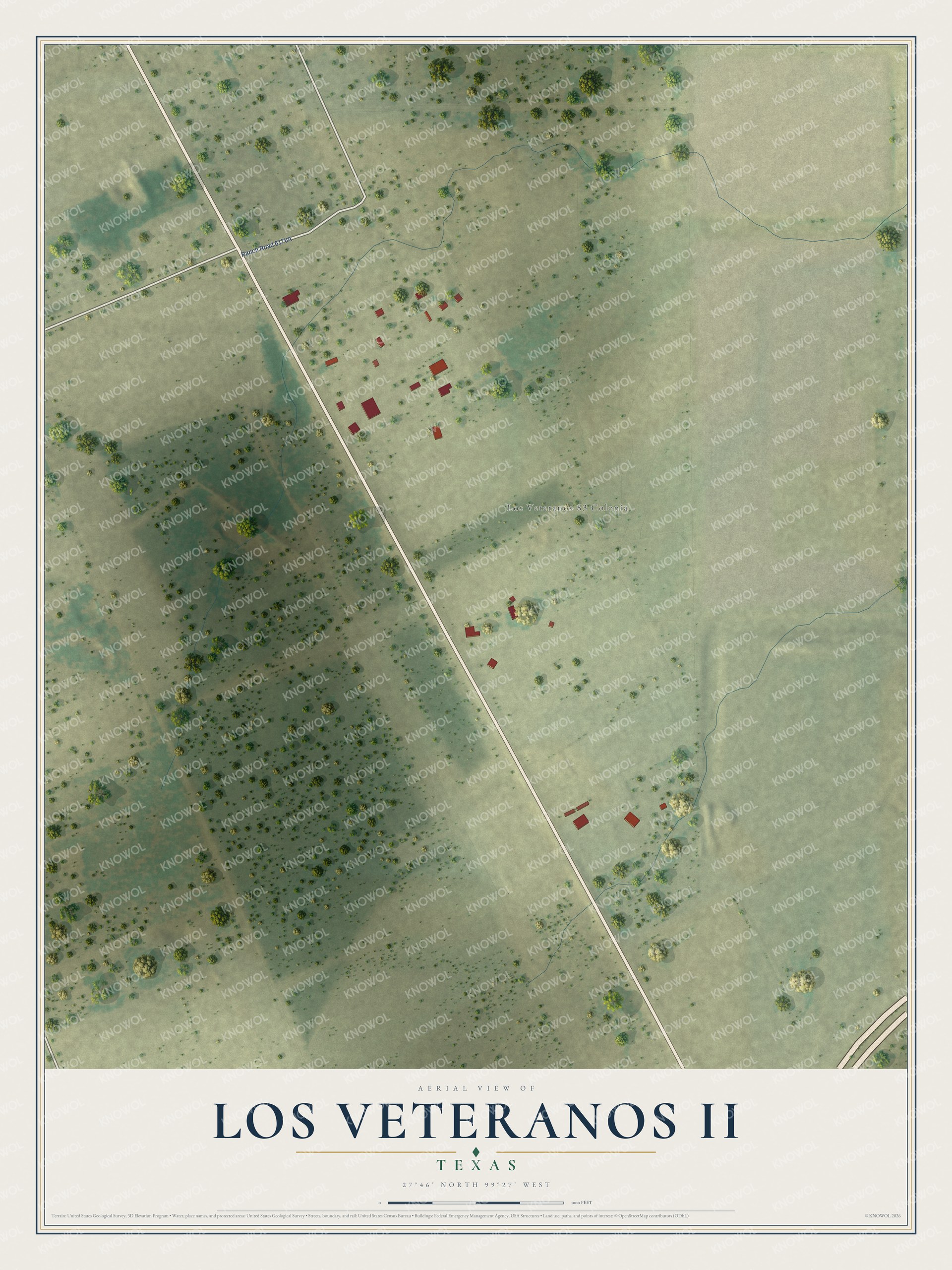 Full map of Los Veteranos II, Texas, with red buildings, printed street names and the land around them