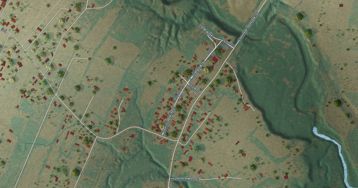 Close-up of streets and buildings in Losoya, Texas