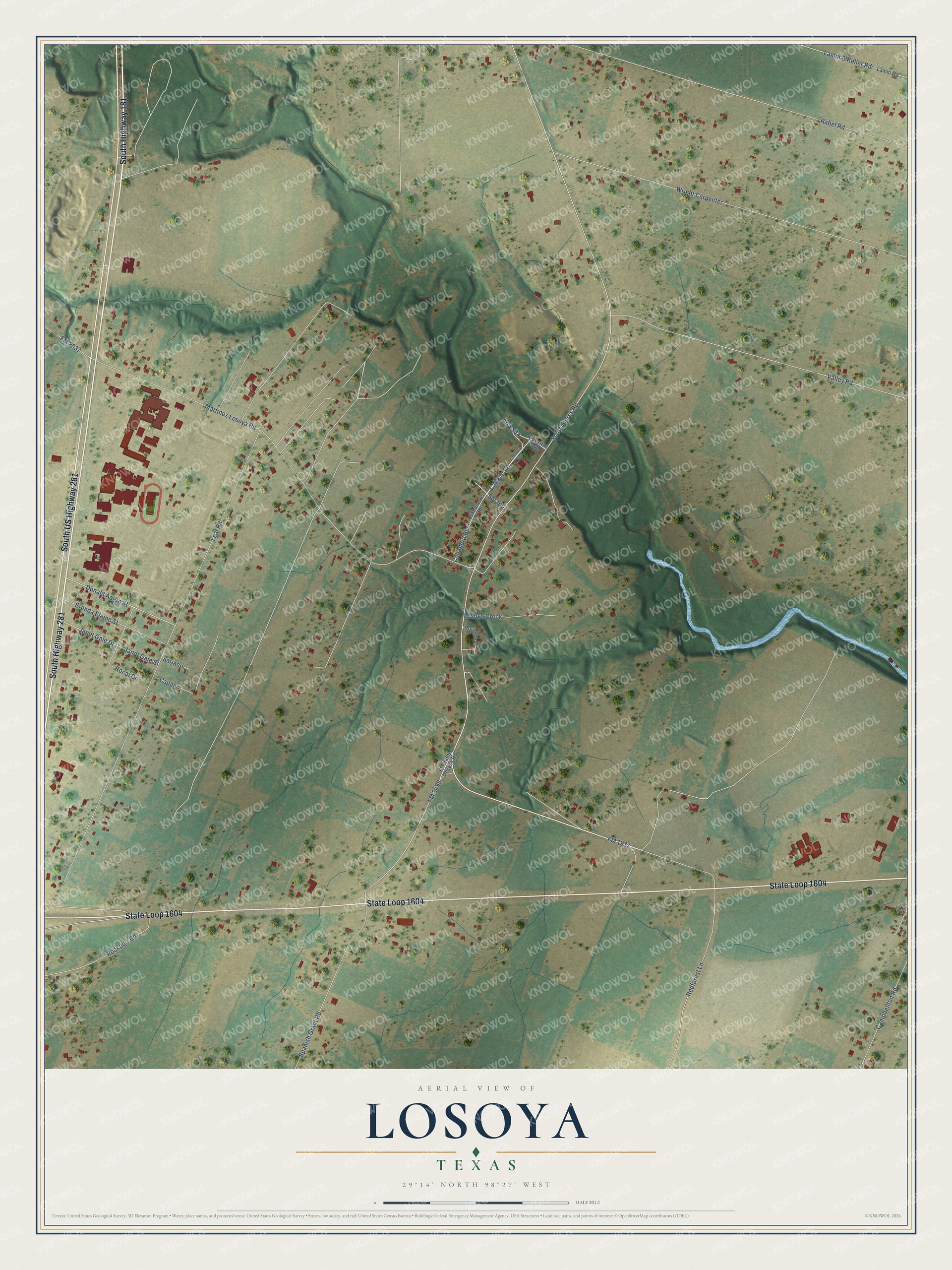 Full map of Losoya, Texas, with red buildings, printed street names and the land around them
