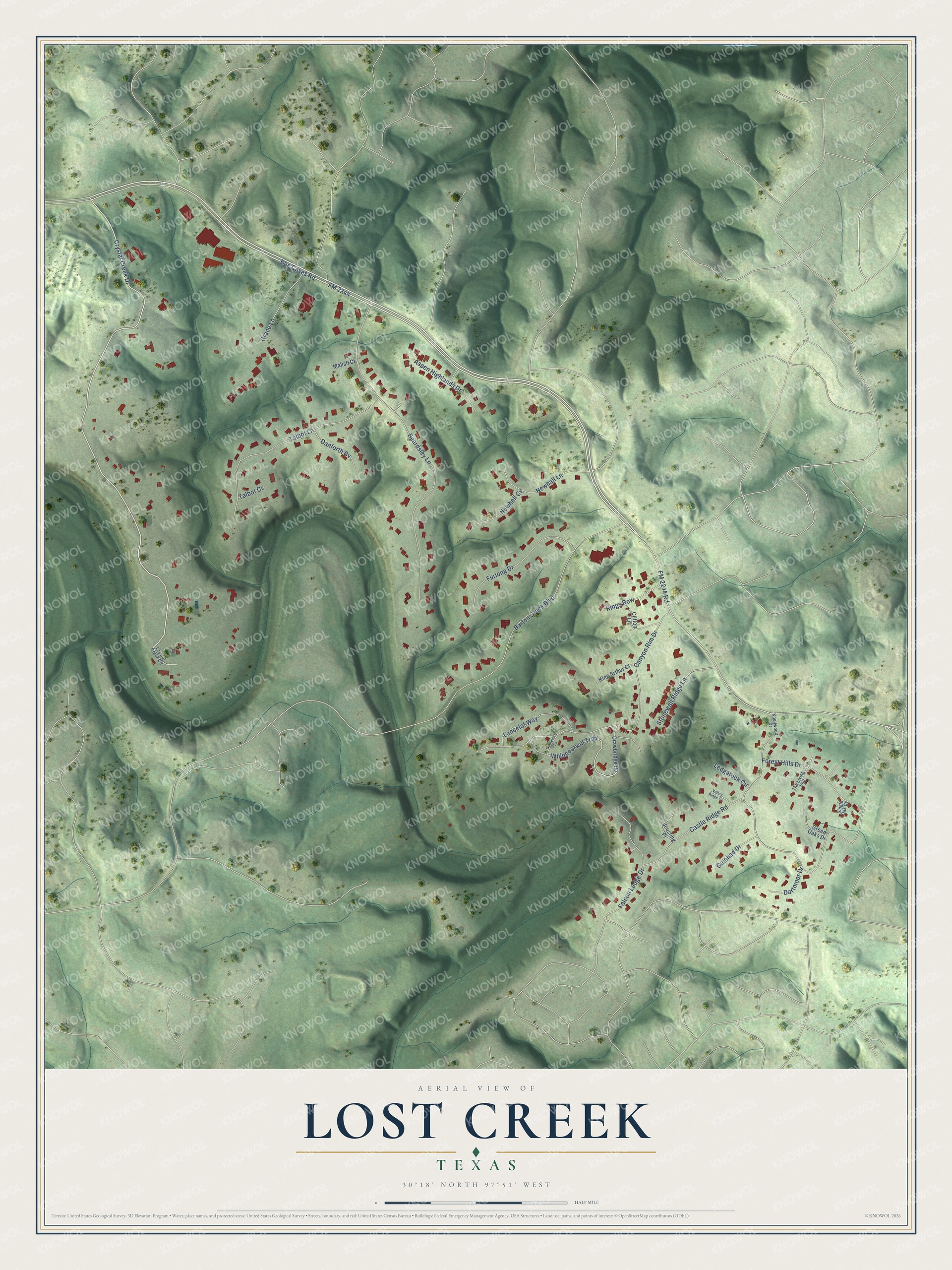 Full map of Lost Creek, Texas, with red buildings, printed street names and the land around them