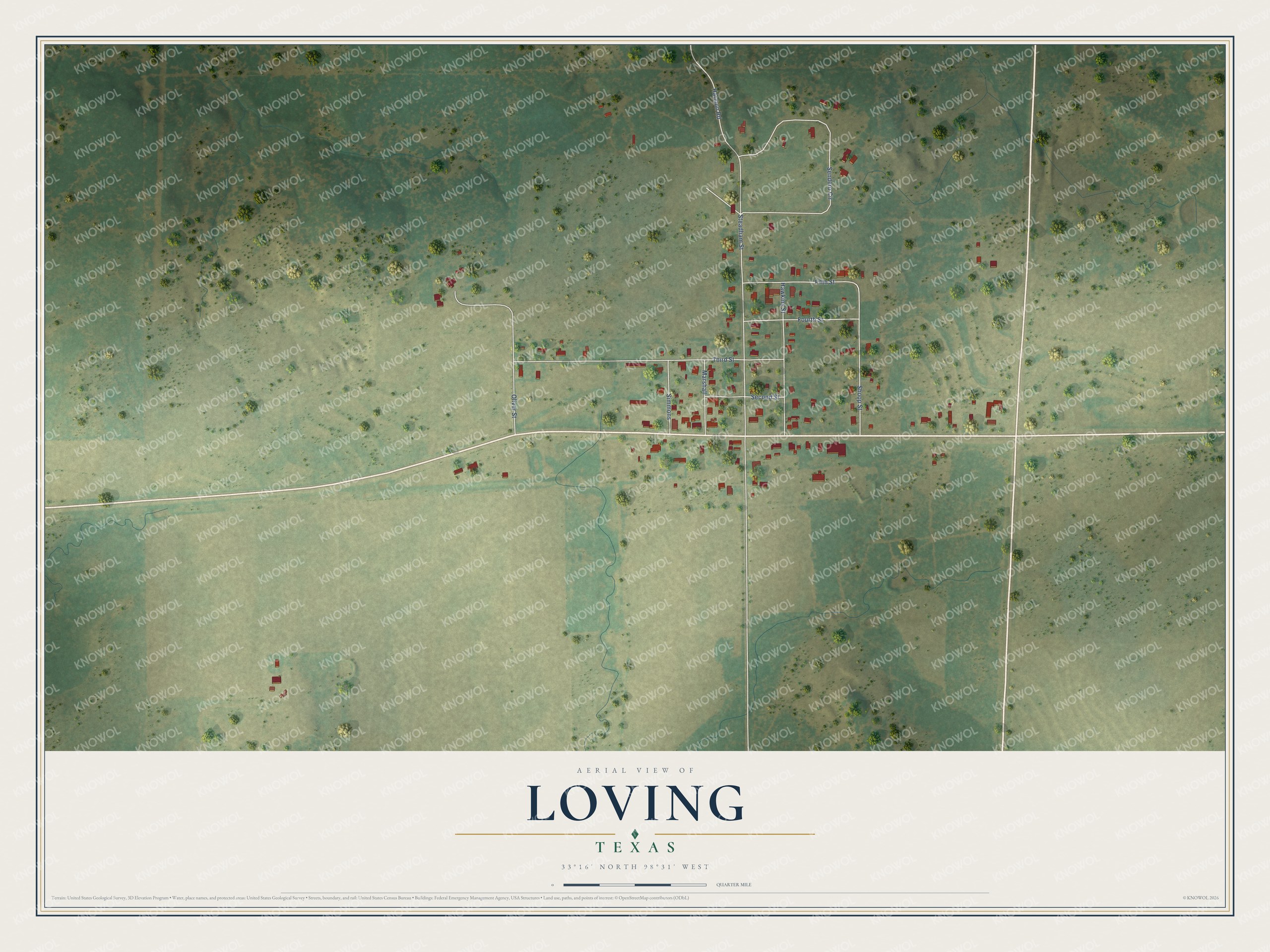 Full map of Loving, Texas, with red buildings, printed street names and the land around them