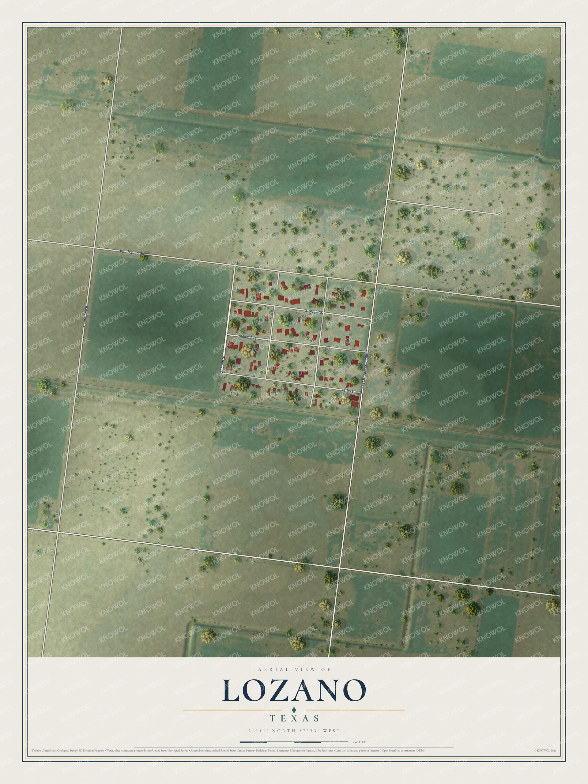 Full map of Lozano, Texas, with red buildings, printed street names and the land around them