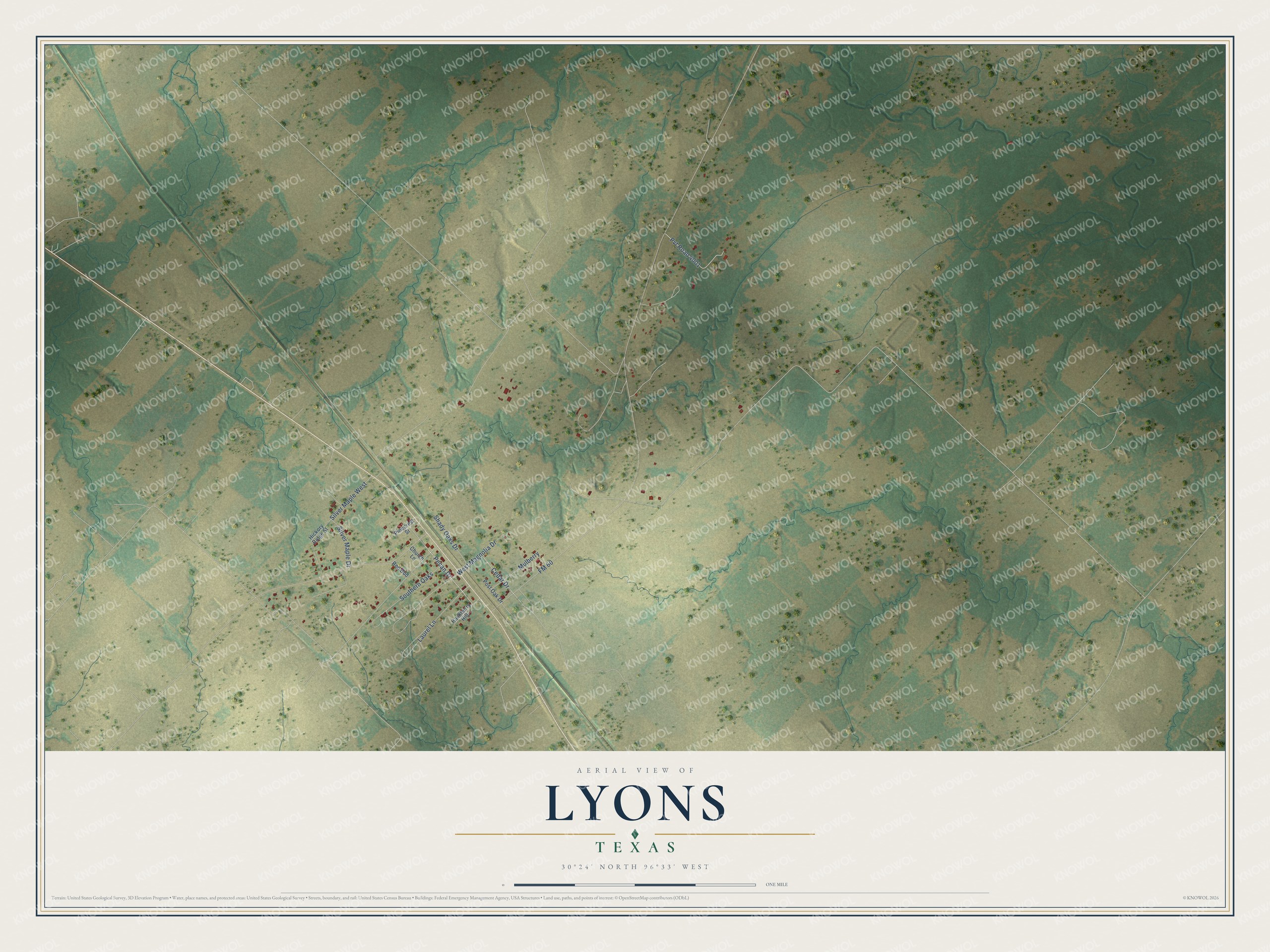 Full map of Lyons, Texas, with red buildings, printed street names and the land around them