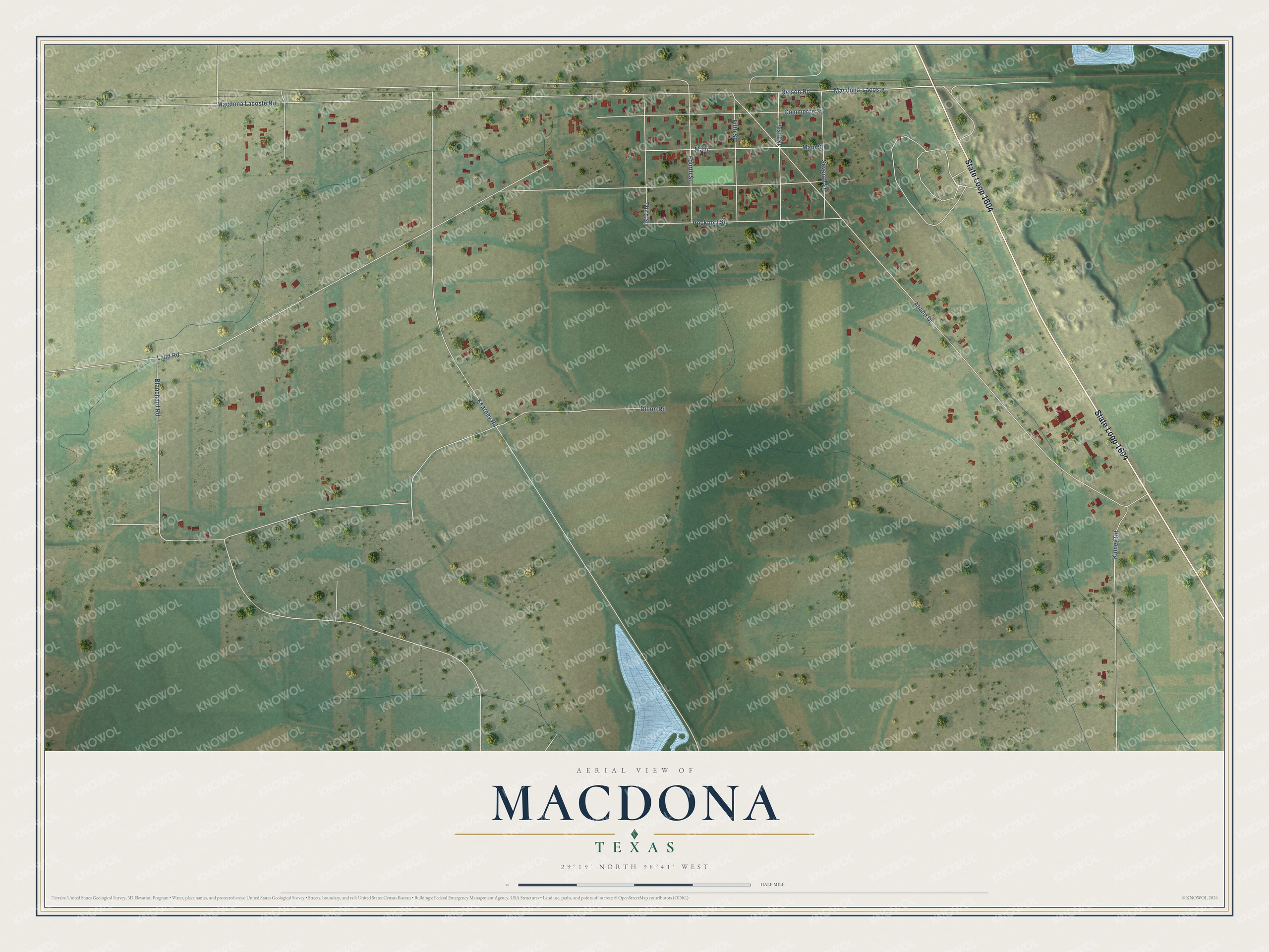 Full map of Macdona, Texas, with red buildings, printed street names and the land around them