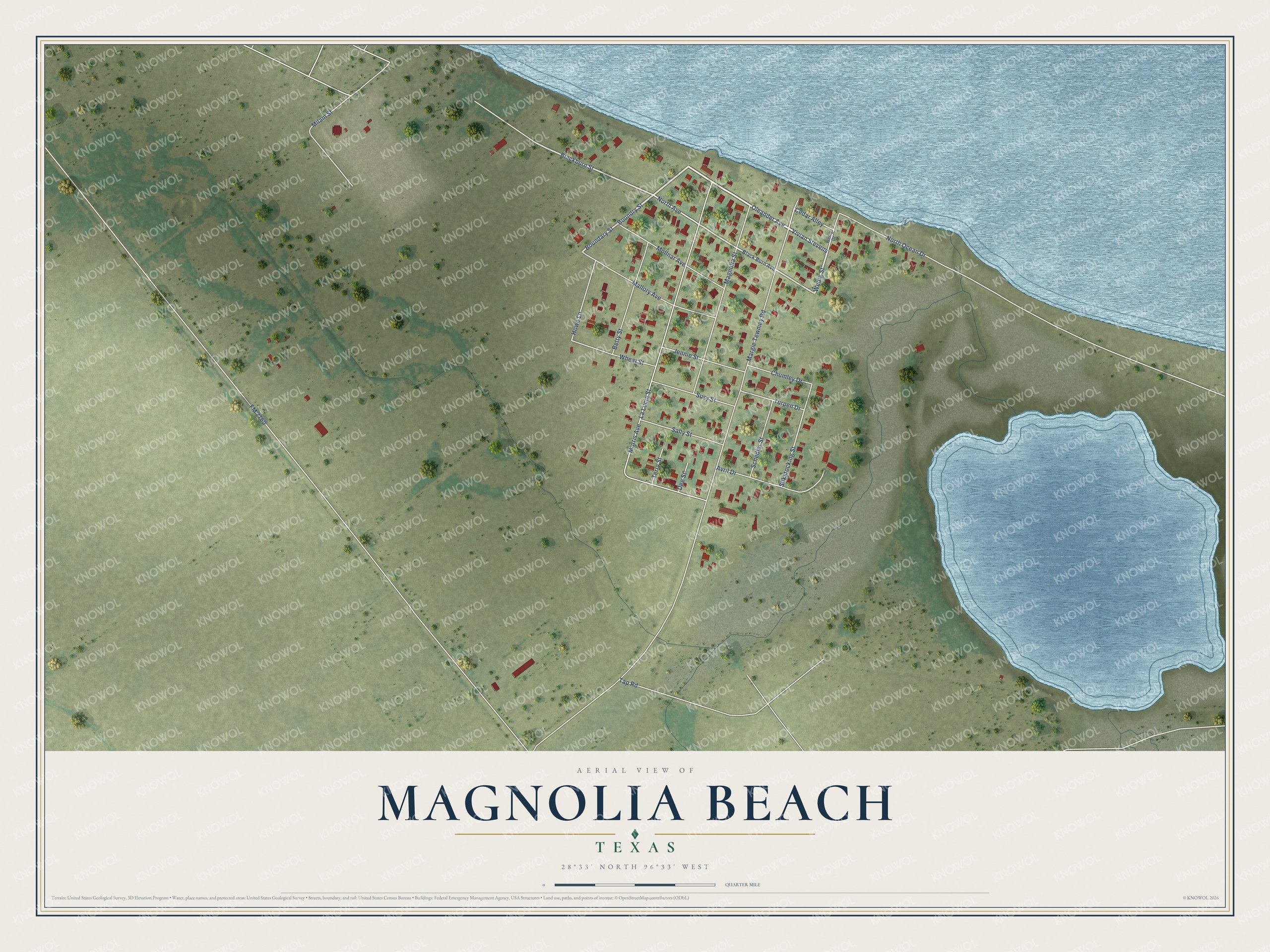 Full map of Magnolia Beach, Texas, with red buildings, printed street names and the land around them
