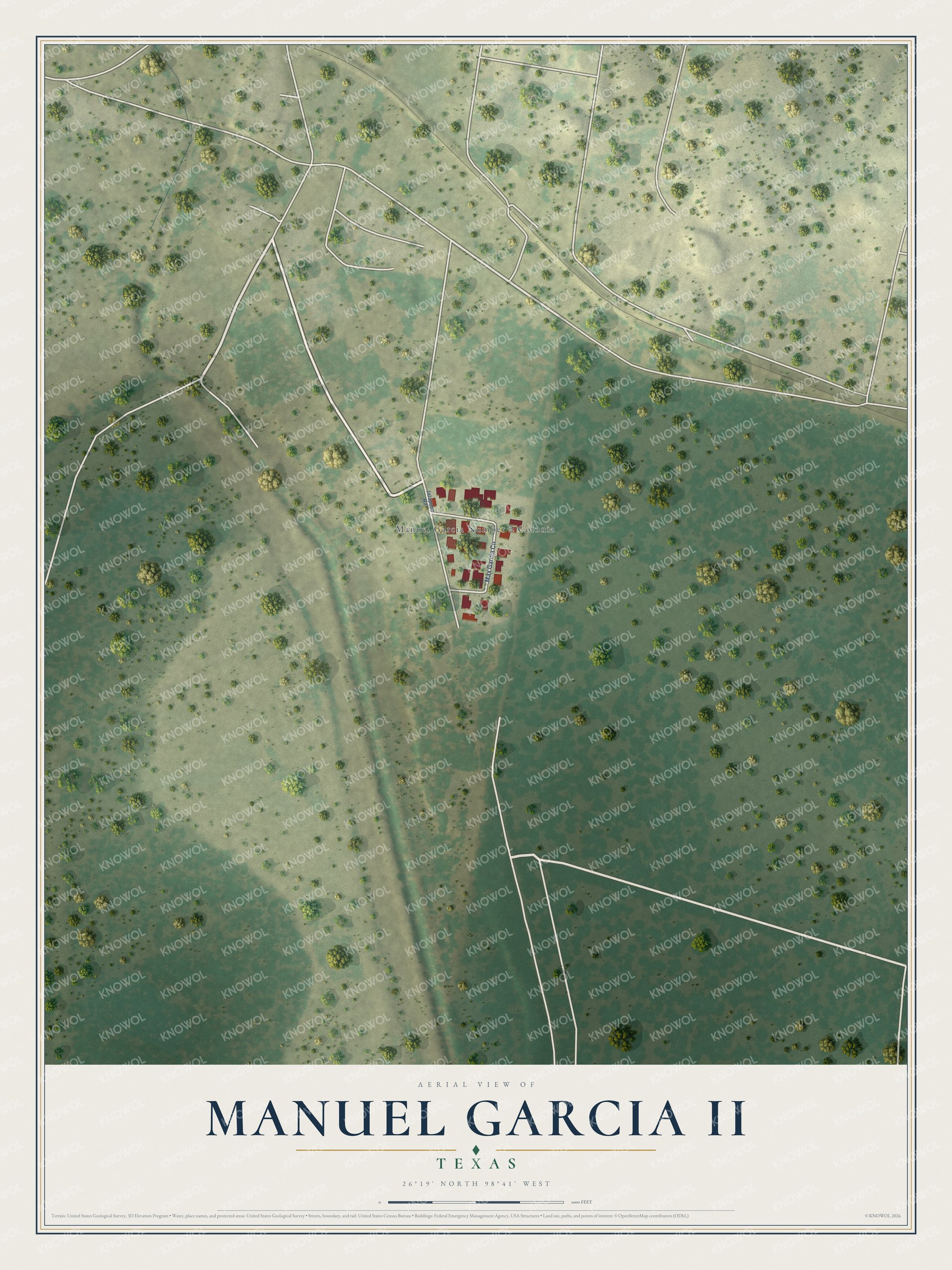 Full map of Manuel Garcia II, Texas, with red buildings, printed street names and the land around them
