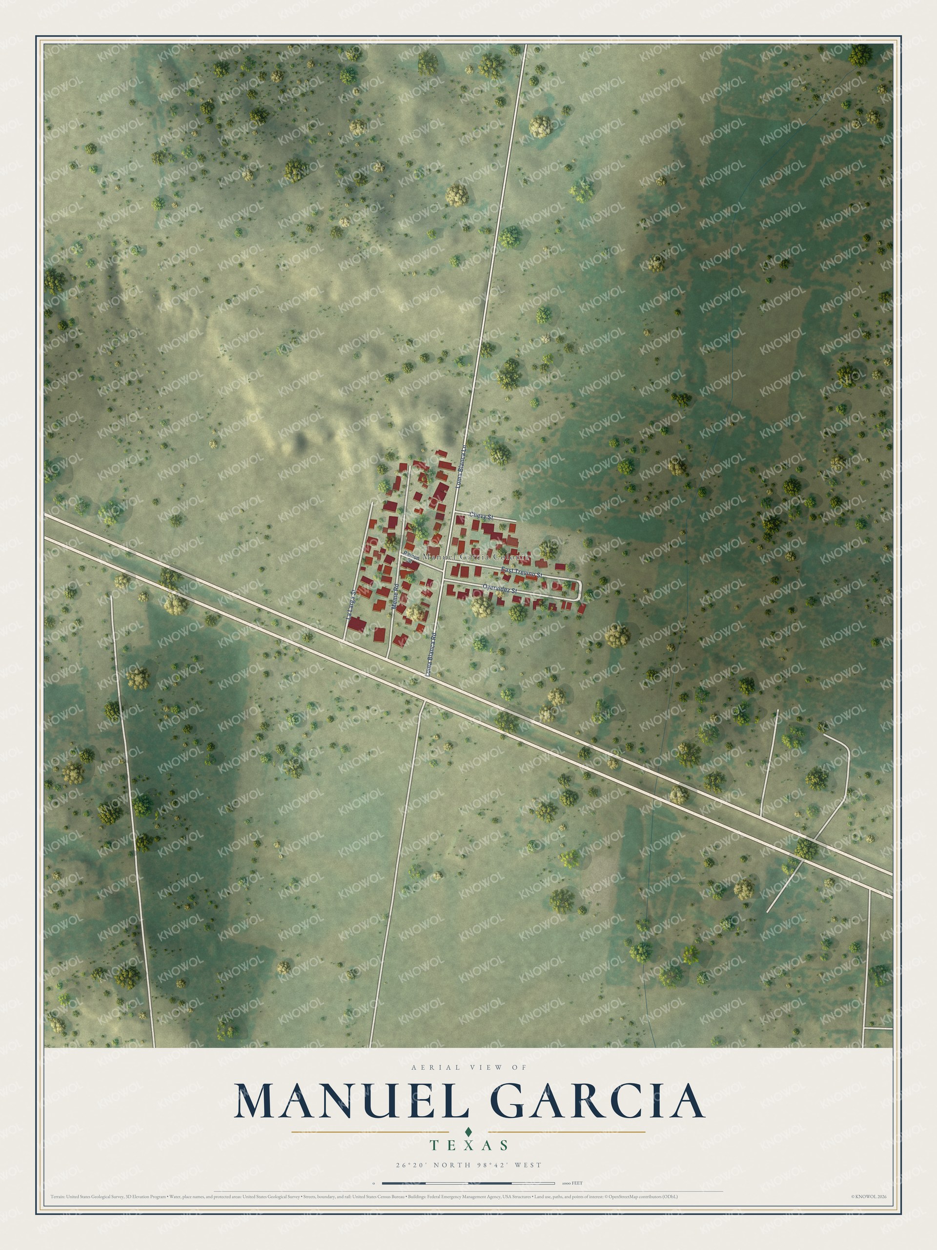 Full map of Manuel Garcia, Texas, with red buildings, printed street names and the land around them