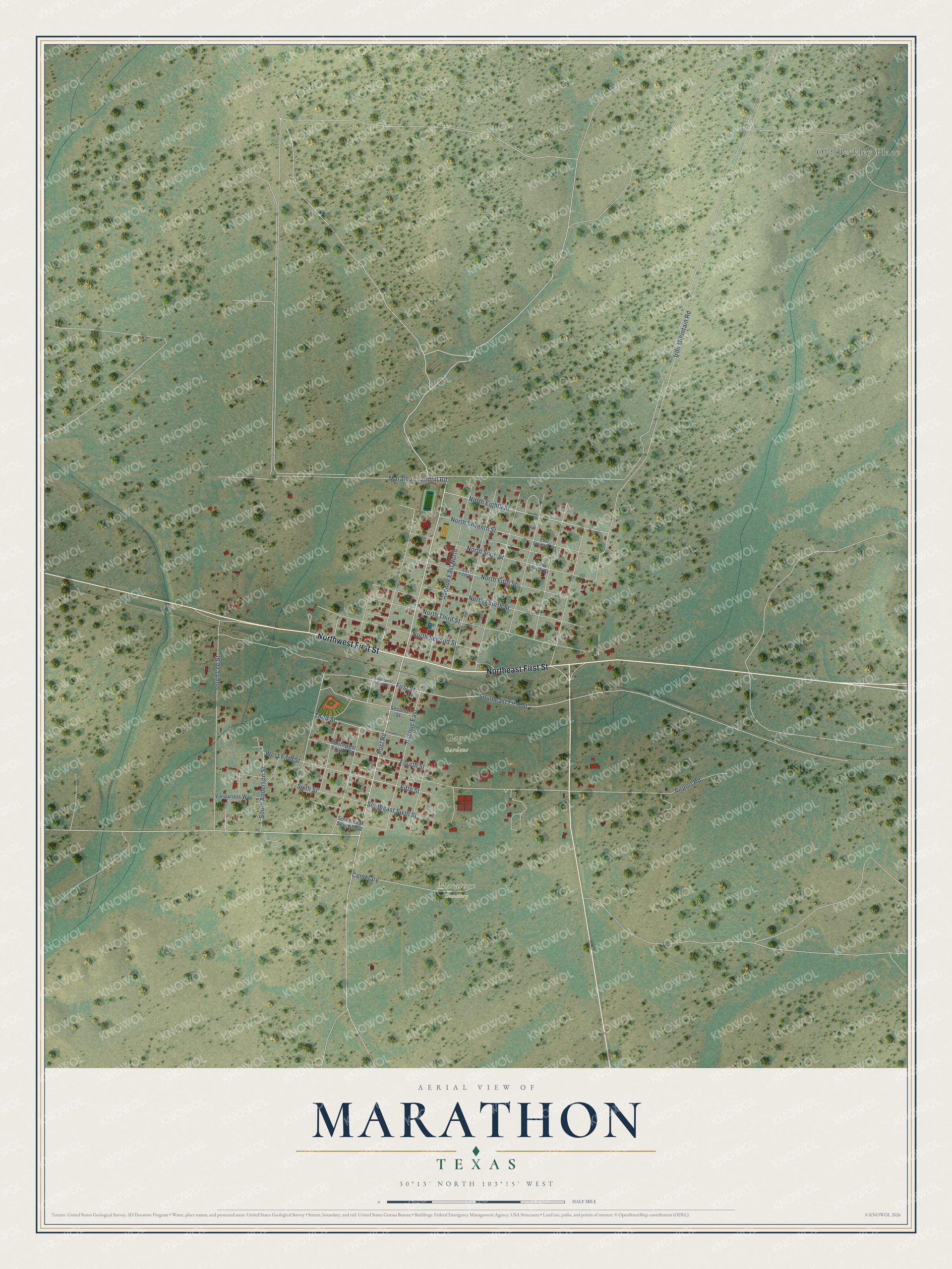 Full map of Marathon, Texas, with red buildings, printed street names and the land around them
